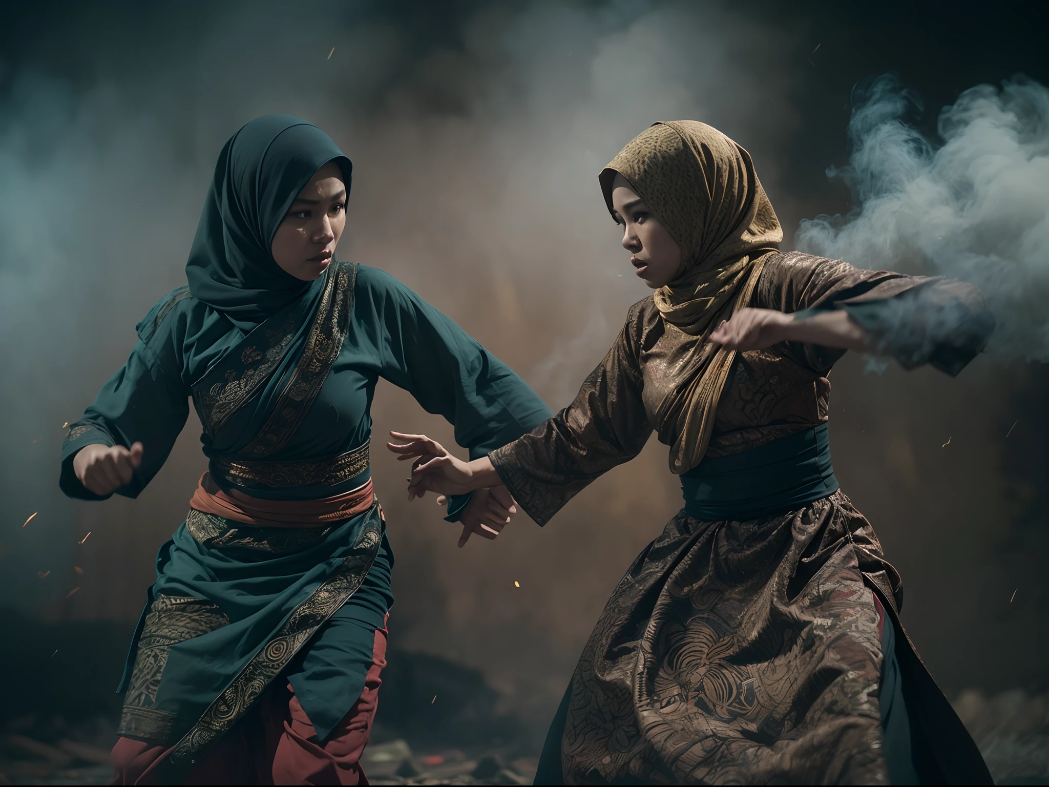 2 hijab malay woman heroin/warrior in fighting scene,batik & songket costume,action silat, dark night background, a lot of smoke effect in below, 28mm lense, Establishing shot, muted color grading, cinemascope cinematography effect, thriller movie scene, action mood,