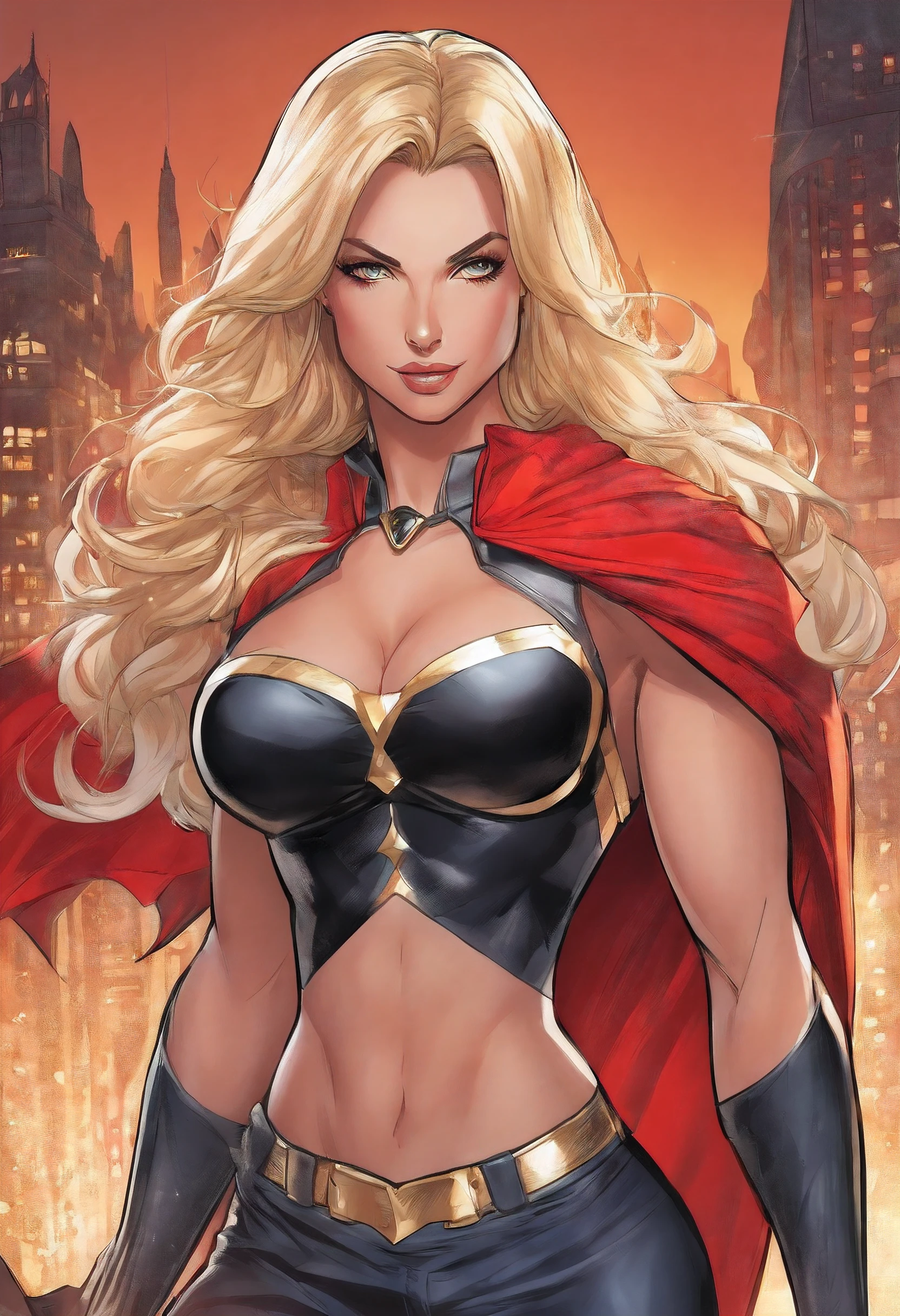 (masterpiece:1.4), (best quality:1.4),extremely detailed, intricate, hyper detailed, 1girl, Blonde hair, dress, down on one knee, (perfect_face), 4k, detailed_background, full_body, a close up of a woman in a ripped and torn costume, black corset skirt combo, gold inlay, red cape, hyper detailed, zenescope, bodybuilder superhero bikini, muscular super hero women, artgerm comic, extremely detailed artgerm,