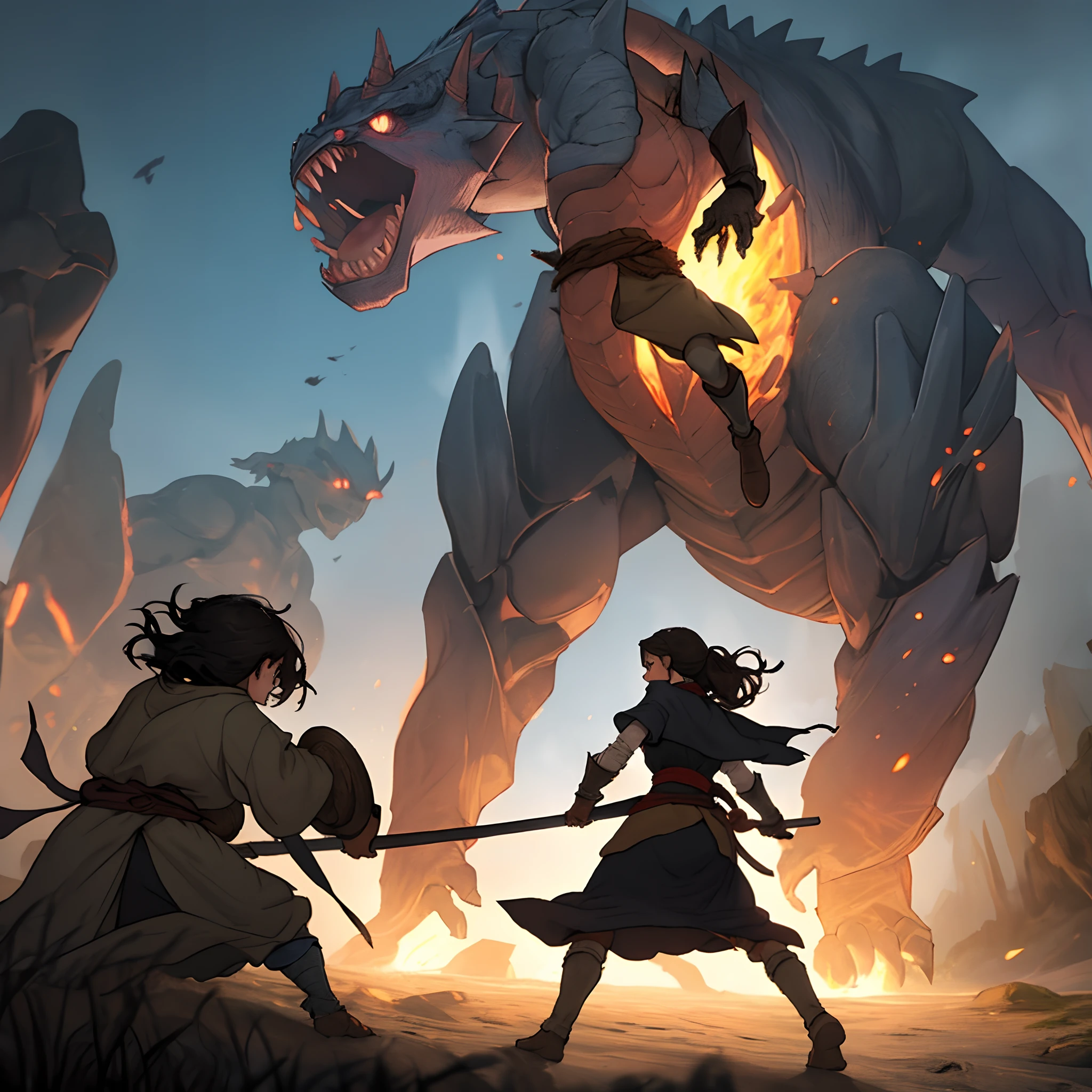 anime, a man & girl stands in front of a giant monster with glowing eyes, concept art by Android Jones, Artstation contest winner, fantasy art, anime epic artwork, 2. 5 d cgi anime fantasy artwork, concept art wallpaper 4k, anime art wallpaper 4k, anime art wallpaper 4 k, anime art wallpaper 8 k, epic rpg artworkAttack on Titan, angry Giants, dark and gritty, Studio Ghibli, Anime Key Visual, by Makoto Shinkai, Deep Color, Intricate, 8k resolution concept art, Natural Lighting, Beautiful CompositionMark Brooks and Dan Mumford, comic book art, perfect, smooth
