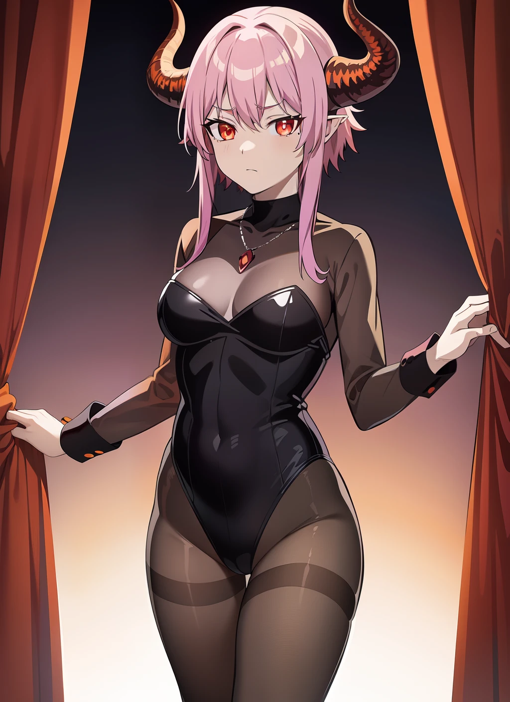 bedroom, red jewel necklace,  medium breasts, light purple hair,  dragon girl,   short hair with long locks, dragon horns, dark aura, evening,  ((((expressionless)))), black sclera, (((orange eyes))), standing, curtain grab, pantyhose, leotard, impossible leotard, see-through shirt, black shirt, shirt under leotard, tight shirt, long sleeves,