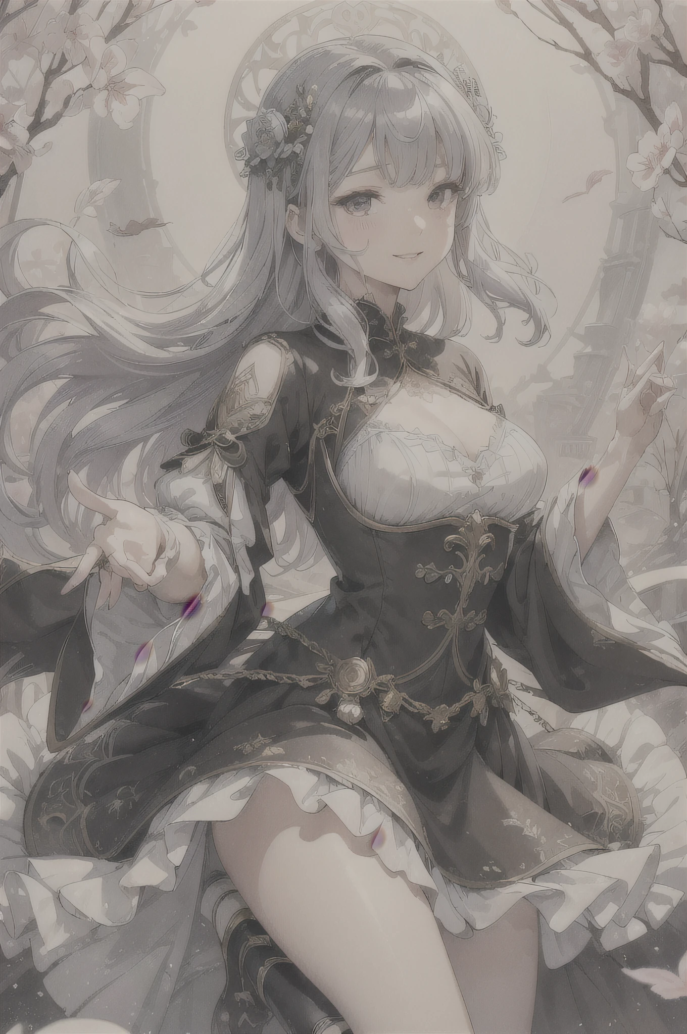Memento Mori、(write)、(Viola、amarelo)、Spark、fantasy creature, Intricate details, Painting, watercolor paiting,Loose fluffy、long curled silver hair、Black Dress、Dutch Angle,Good anatomy,Dynamic Pose, actionpose, open pose, Dynamic Angle,(Evere_Smile:1.2), Detailed layered skirt、Art Nouveau fashion embroidery、intricate detailes、Mesh Wire、Glasswork、girl, Cute、Transparent blood vessels、extremely delicate face,soft clean focus, Analog 150mm lens、Beautiful Natural Soft Rim Light、 (an extremely delicate and beautiful art)1.3, Elegant, (Pastel colors)1.2,