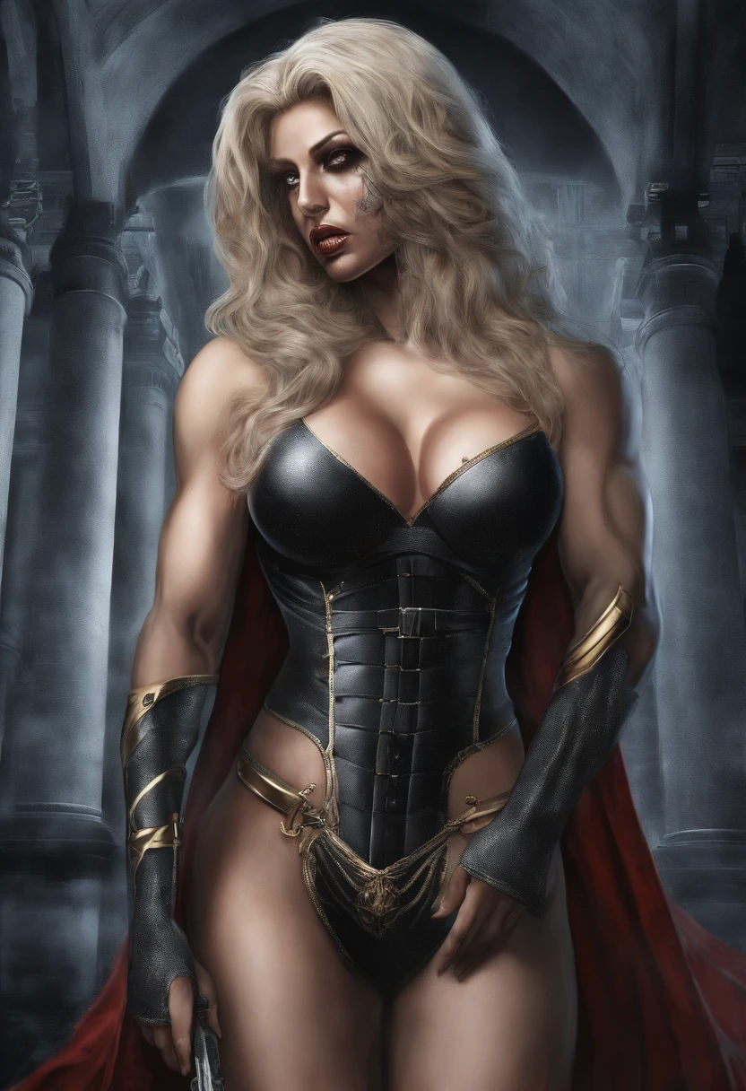 (masterpiece:1.4), (best quality:1.4),extremely detailed, intricate, hyper detailed, 1girl, Blonde hair, dress, down on one knee, (perfect_face), 4k, detailed_background, full_body, a close up of a woman in a ripped and torn costume, black corset skirt combo, gold inlay, red cape, hyper detailed, zenescope, bodybuilder superhero bikini, muscular super hero women, artgerm comic, extremely detailed artgerm,