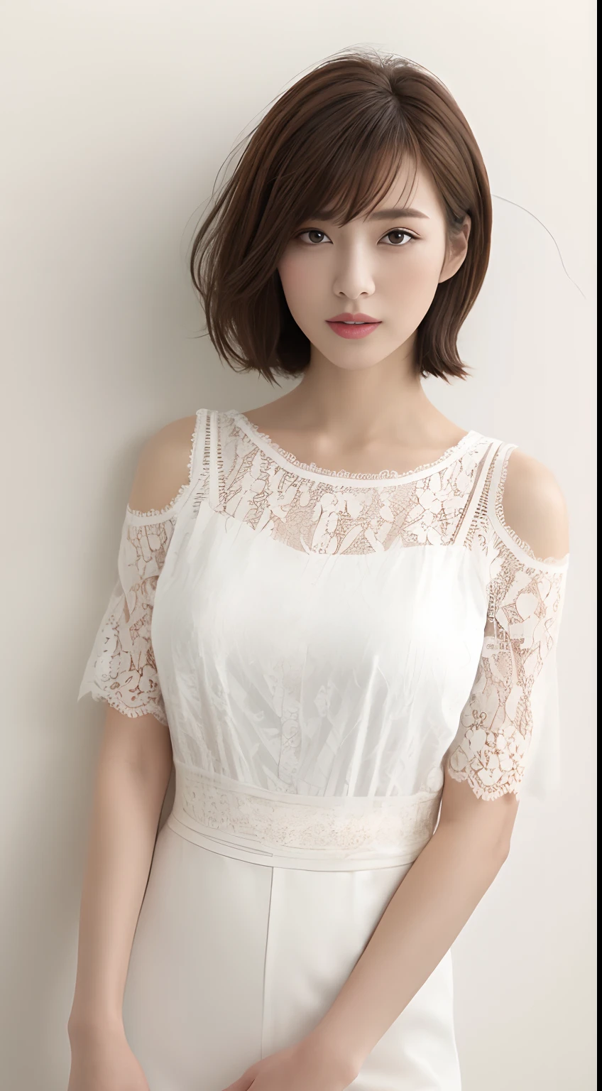 ((top-quality、8K、masterpiece:1.3))、Crisp focus:1.2、studio shoot、Beautiful Women in Perfect Style:1.4、Upright landscape:1.2、Full Body Female 1.2,((dark brown hair、Model body type:1.2))、Standing leaning against the wall、(Lace Shirt:1.1)、bust-up photography、The upper part of the body、((White wall background:1.2))、short-cut、Highly detailed facial and skin texture、A detailed eye、二重まぶた、Beautiful white skin、pure、The mouth is in the form of a kiss,Hair Catalog,Expression of delicate hair,