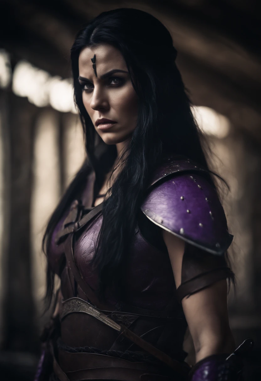 A female warrior, sexy body, with white skin and long black hair, purple eyes and an angry expression, in a fantasy apocalyptic scenario.