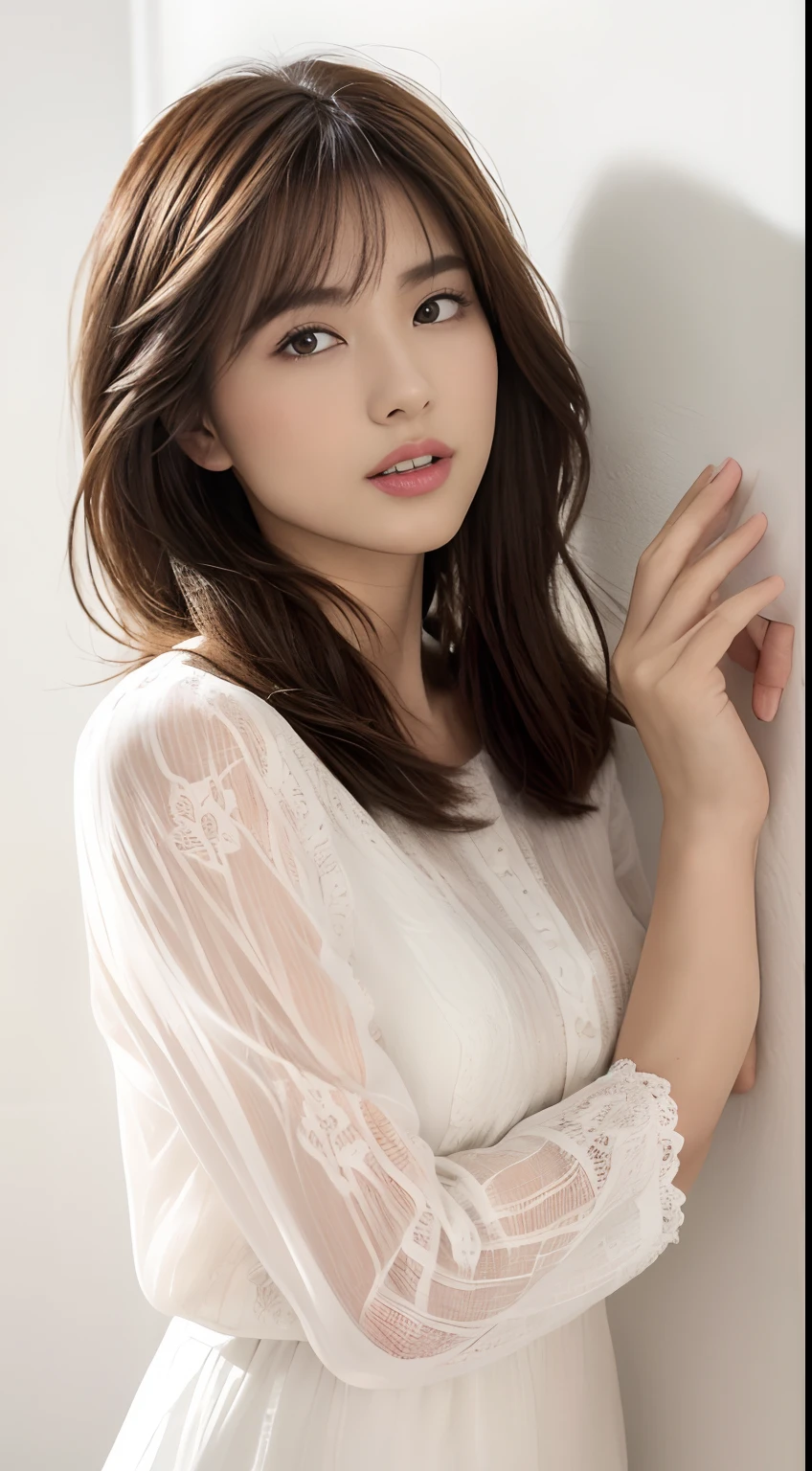 ((top-quality、8K、​masterpiece：1.3))、Crisp focus：1.2、studio shoot、Beautiful Women in Perfect Style：1.4、Upright landscape：1.2、Full Body Female 1.2,((dark brown hair、Model body type：1.2))、Standing leaning against the wall、(Lace Shirt:1.1)、bust-up photography、The upper part of the body、((White wall background:1.2))、short-cut、Highly detailed facial and skin texture、A detailed eye、二重まぶた、Beautiful white skin、pure、The mouth is in the form of a kiss,Hair Catalog,Expression of delicate hair,