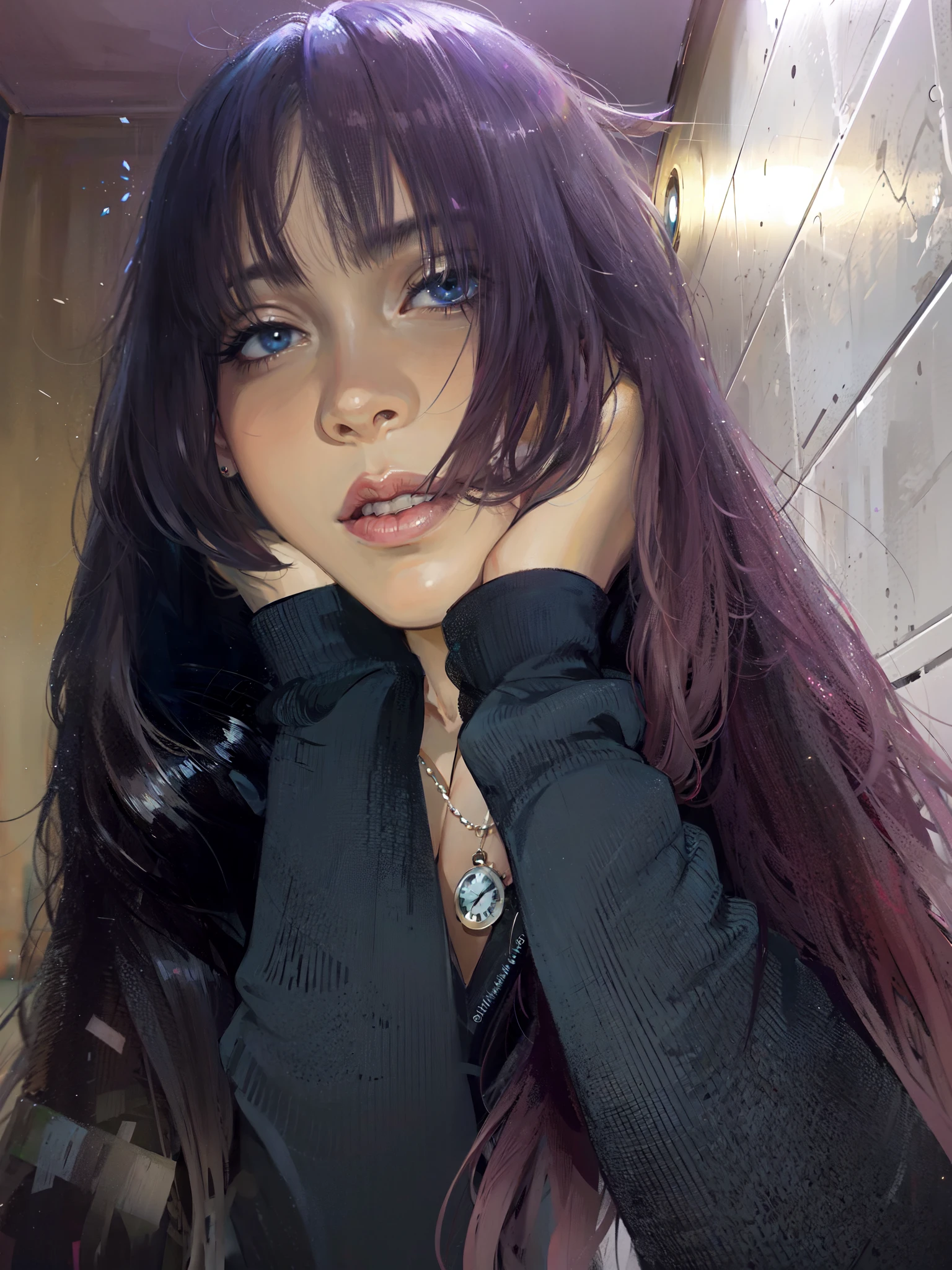 there is a woman with long hair and a watch on her wrist, with long hair and piercing eyes, very very low quality picture, with long hair, with straight black hair, taken in the early 2020s, profile pic, with long black hair, with long dark hair, with black hair, with bangs, profile image, profile shot