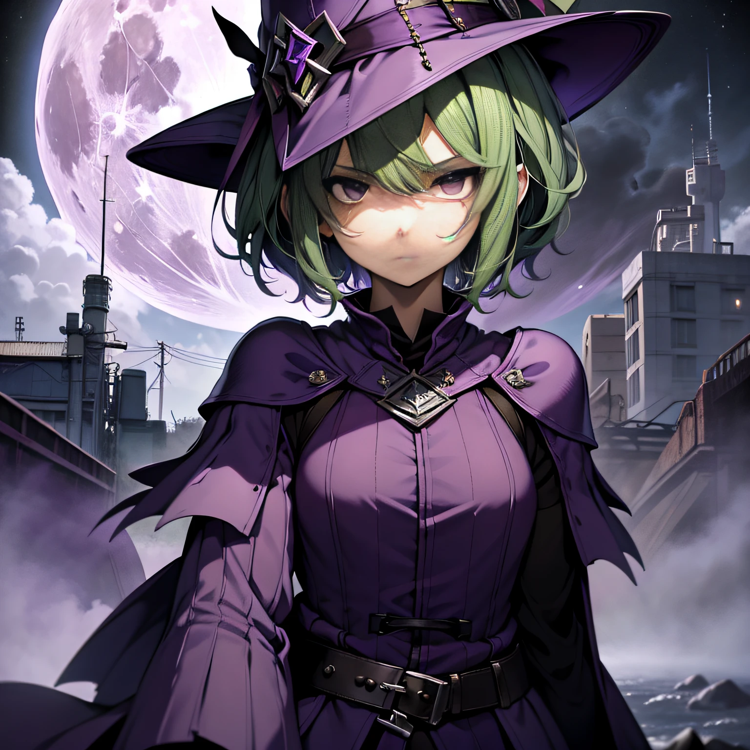 top-quality、extremely delicate and beautiful、(A teenage girl)、Purple Eye、Green hair、short-haired、(purple witch hat)、Purple tie、Tactical Vest、Soio、shortsleeves、Purple skirt、Purple Wizard Robe、Navel、is standing、Facing the front、Villain side、Expression of hatred、Full moon night on background、Only eyes