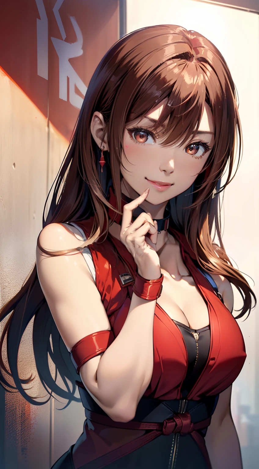 (a closeup、top-quality、high detailing、rich skin detail、nffsw)、(Best Quality, 8K, Oil Painting, masutepiece:1.2), Ultra-detailed, (Realistic, Photorealistic:1.37), (((FULL BODYSHOT)))、Vibrant colors, (((Point your index finger to the sky)))、(((Red Bondage)))、(((I wear a choker around my neck)))、(((Sexy atmosphere)))、(((Twenty-year-old woman)))、(((index finger on the side of the face)))、((red-lips))、(((Red clothes)))、((Bust isDcups))、(((Light brown hair)))、(((Long)))、((( Background white wall))), (((Bullish smile)))、(((cleavage of the breast)))、(((Girly Hairstyles)))、(((long hair)))、(((In front of a white wall)))、(((Light brown hair)))、(((I put my hand next to my face)))、(((The Face of Thought)))、(((It is a sleeveless outfit)))、(((I wear bright red bondage)))、(((Chest circumference is 85 cm)))、(((small breasts)))