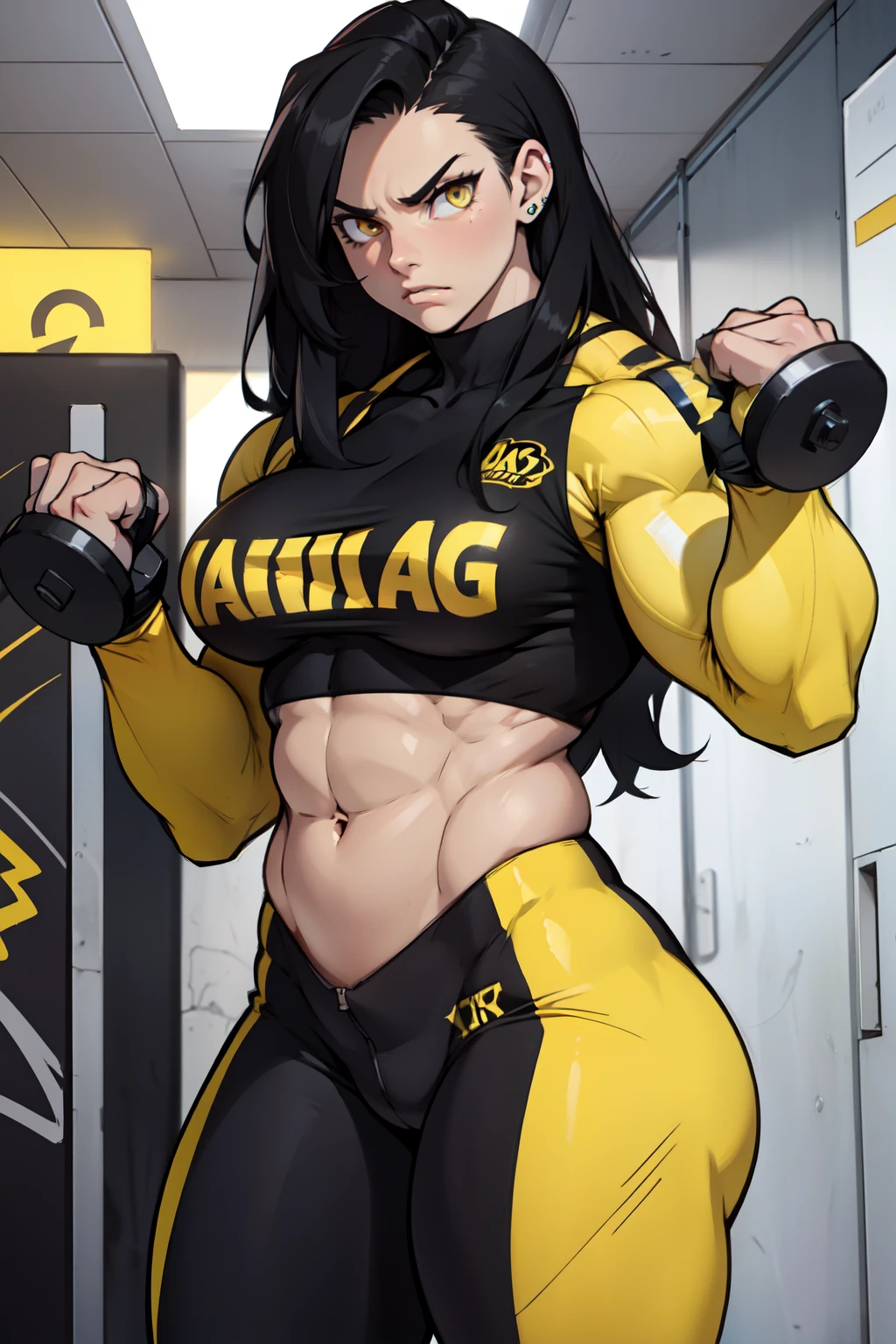 angry ((((1girl)))) (((bodybuilder))) pale skin black hair very long hair yellow eyes long abs skintight