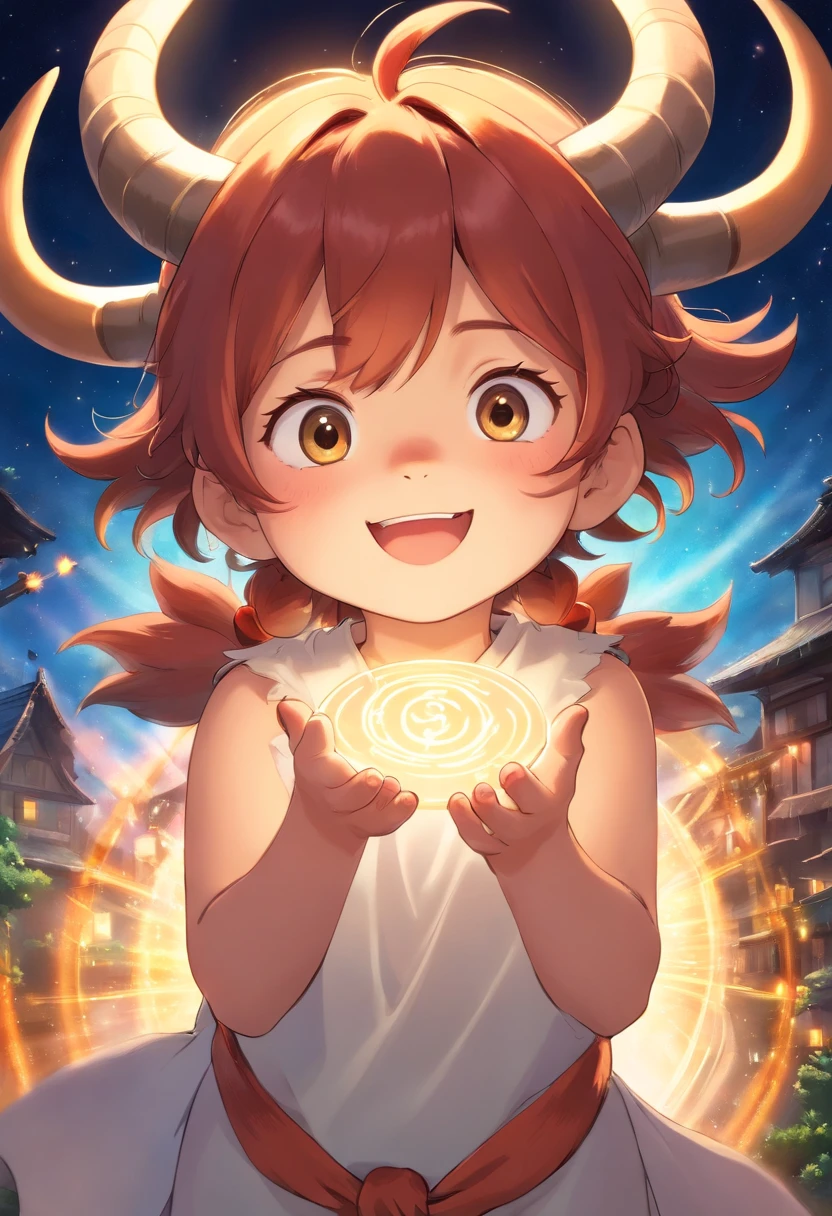 Light transforms into a wearing horns, Horned God, Smiling and radiant expression.