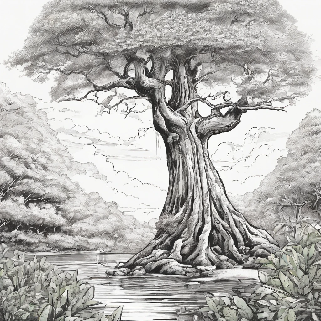 A black and white commercial illustration of a huge tree, com folhas bem verdes, abaixo dela tem um salgueiro bem menor, To your right is a smaller tree. He's got very large leaves, The tree is located in a parking lot. Parking is portrayed in a natural way, com grama ao redor. The image should have a comedic style, with fine strokes and a touch of manga. The tree should be depicted in detail, with his expression demonstrating purity and determination in his task. A imagem deve ser em preto e branco, with a pencil and ink caricature drawing style. Be sure to catch willow tree below the tree, but not so glued together symbolizing unity and hope in the face of life's challenges."