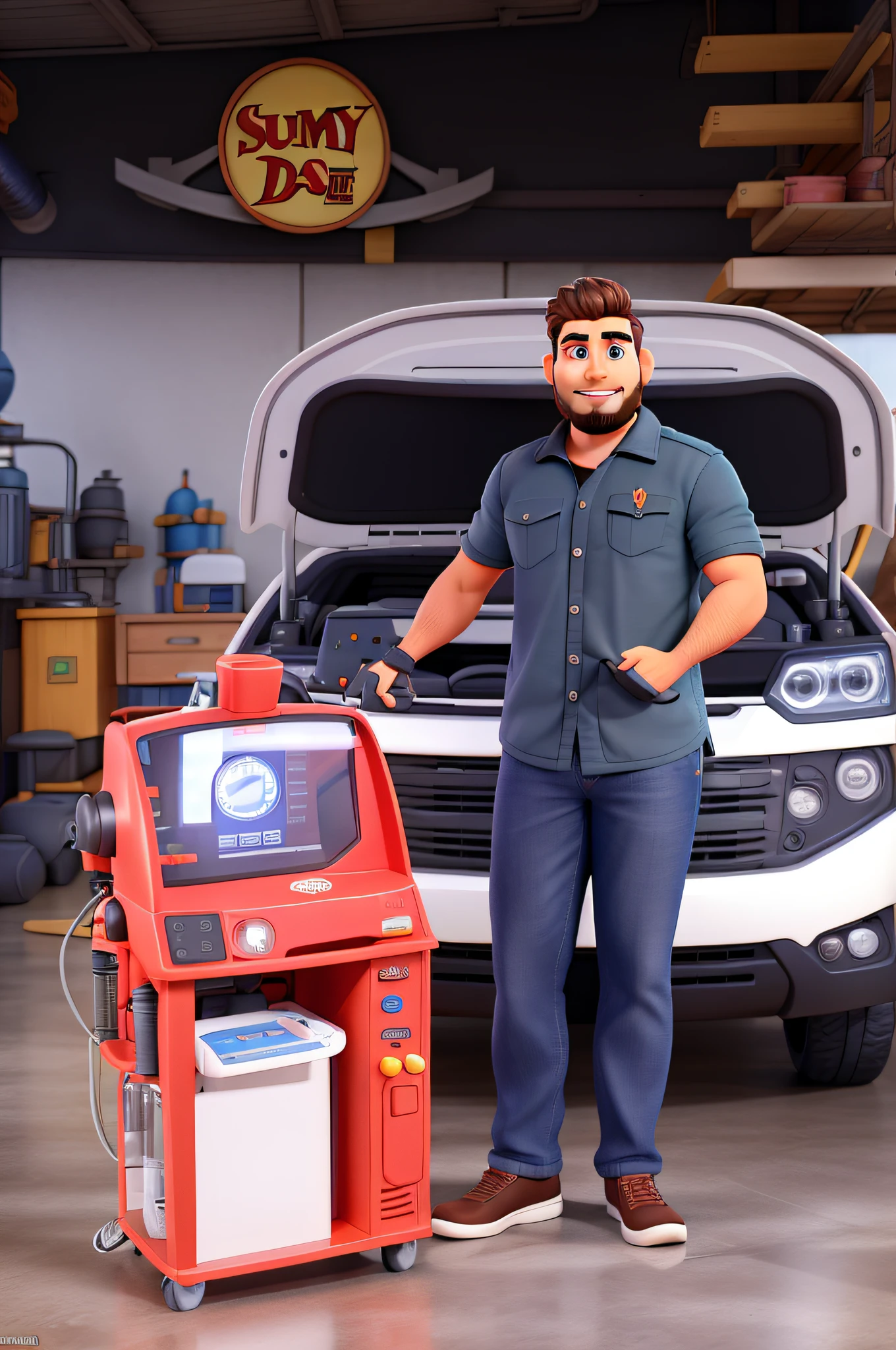 Um homem barbudo post estilo Disney pixar, alta qualidade, melhor qualidade, Machine Shop Background Image, com o titulo Lubricar