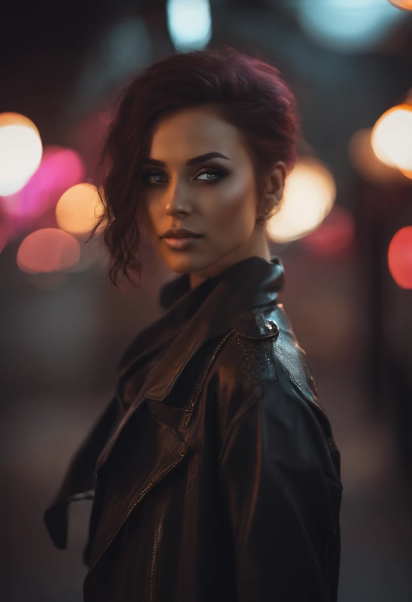 portrait, 1 girl, beautiful face, asymmetrical hair, multi-colored hair, belt, bodysuit, covered mouth, covered navel, detached sleeves, grey eyes, hip vent, open jacket, cute, look at viewer, night city, neon, rainy,