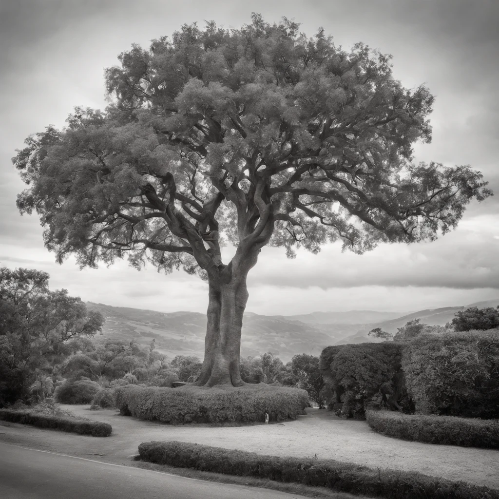A black and white commercial illustration of a huge tree, com folhas bem verdes, abaixo dela tem um salgueiro bem menor, To your right is a smaller tree. He's got very large leaves, The tree is located in a parking lot. Parking is portrayed in a natural way, com grama ao redor. The image should have a comedic style, with fine strokes and a touch of manga. The tree should be depicted in detail, with his expression demonstrating purity and determination in his task. A imagem deve ser em preto e branco, with a pencil and ink caricature drawing style. Be sure to catch willow tree below the tree, but not so glued together symbolizing unity and hope in the face of life's challenges."