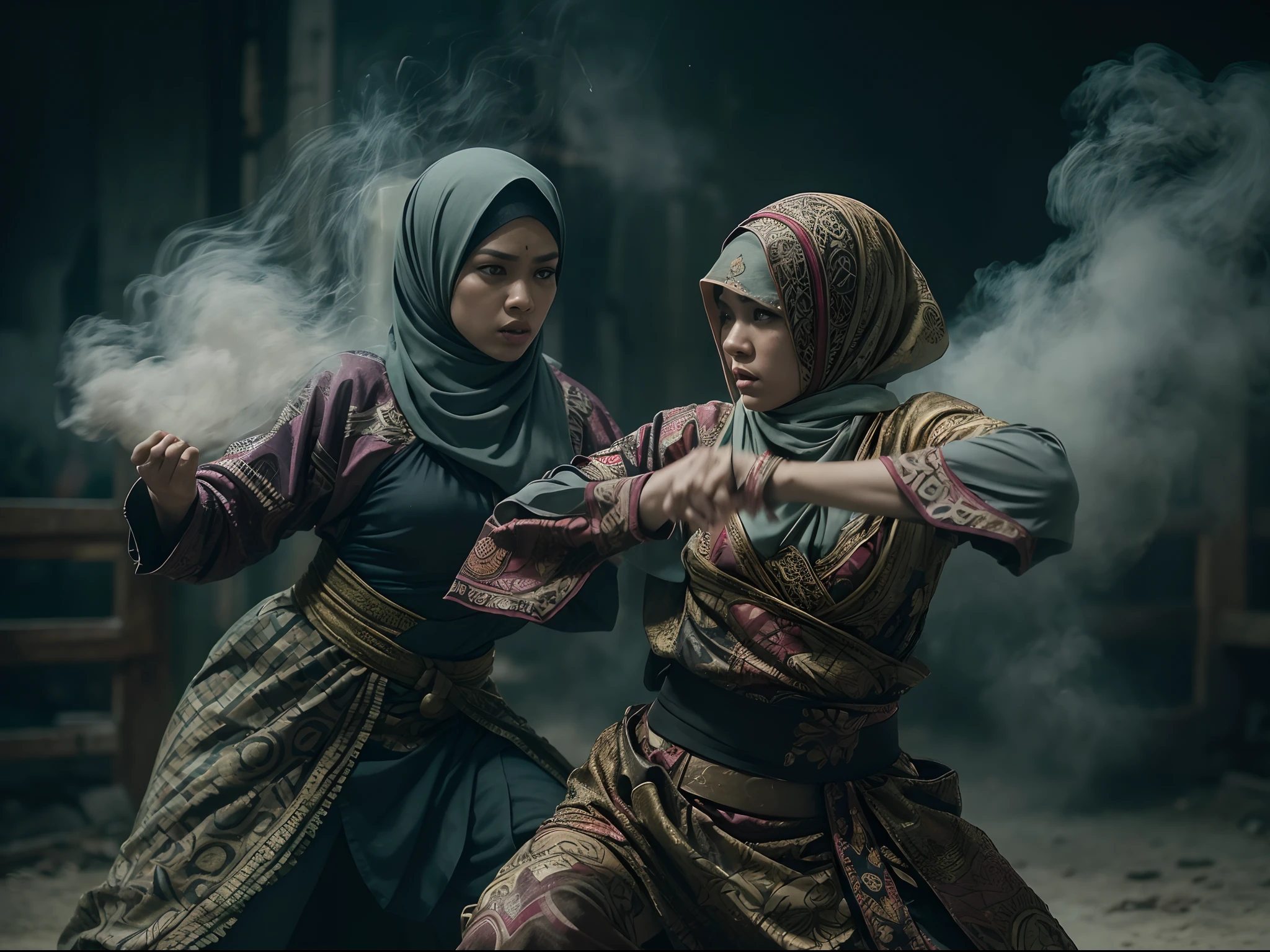 2 hijab malay woman heroin/warrior in fighting scene,batik & songket costume,action silat, dark night background, a lot of smoke effect in below, 28mm lense, Establishing shot, muted color grading, cinemascope cinematography effect, thriller movie scene, action mood,