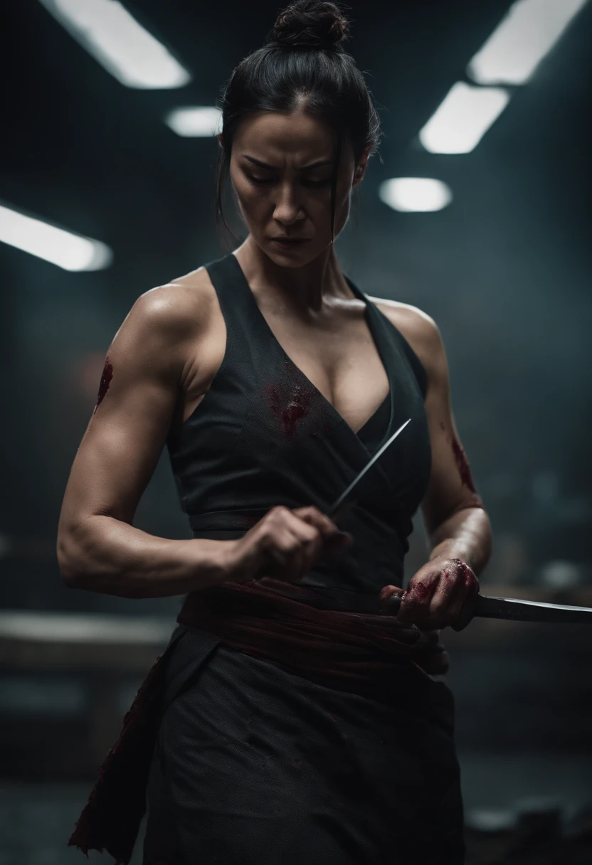 A muscular woman, with samurai bun hair, wearing a torn Jhon Wick-style suit, smears blood with a knife in her hand