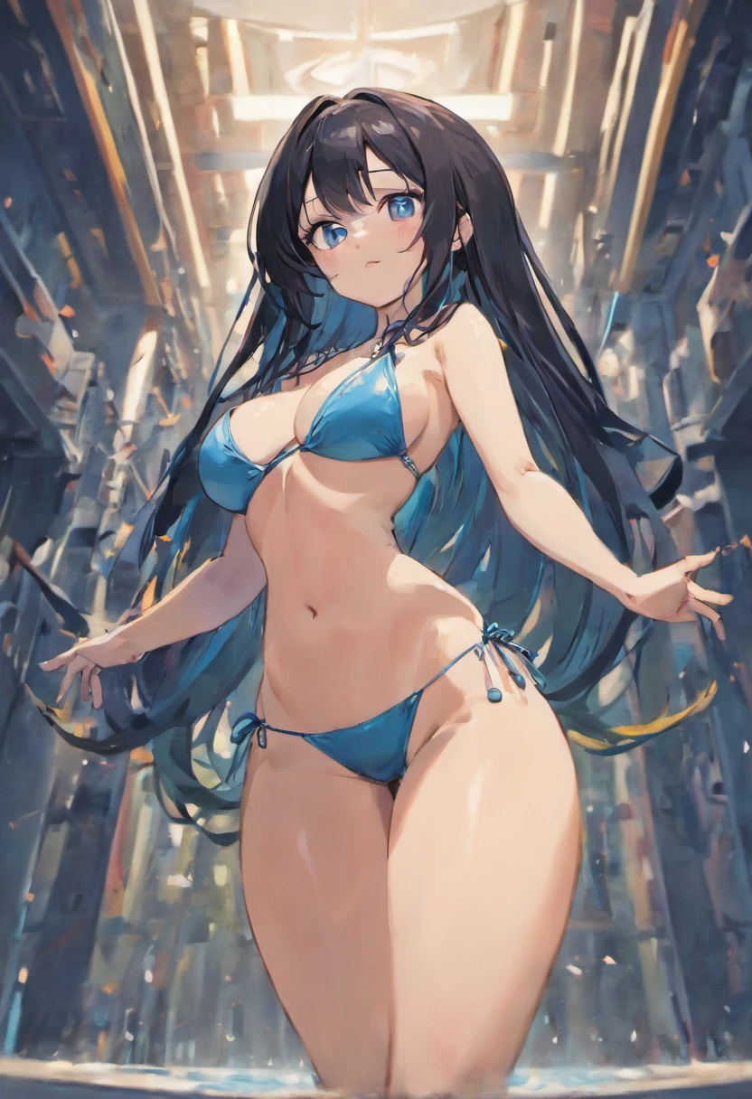bending down twords viewer, curvy, long black hair, blue eyes, bikini, confused, blushing, big thighs, busty, cute,