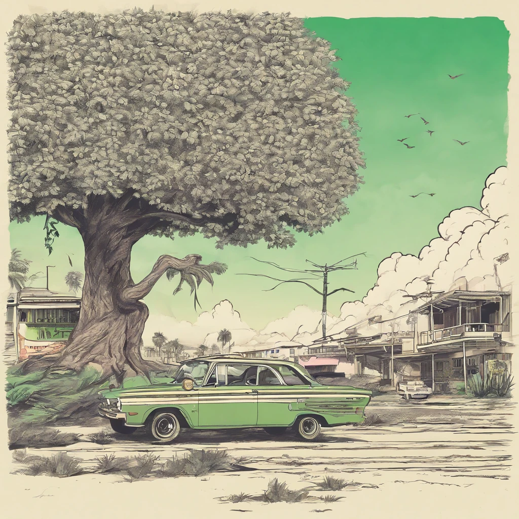 A black and white commercial illustration of a huge tree, com folhas bem verdes, abaixo dela tem um salgueiro bem menor, To your right is a smaller tree. He's got very large leaves, The tree is located in a parking lot. Parking is portrayed in a natural way, com grama ao redor. The image should have a comedic style, with fine strokes and a touch of manga. The tree should be depicted in detail, with his expression demonstrating purity and determination in his task. A imagem deve ser em preto e branco, with a pencil and ink caricature drawing style. Be sure to catch willow tree below the tree, but not so glued together symbolizing unity and hope in the face of life's challenges."