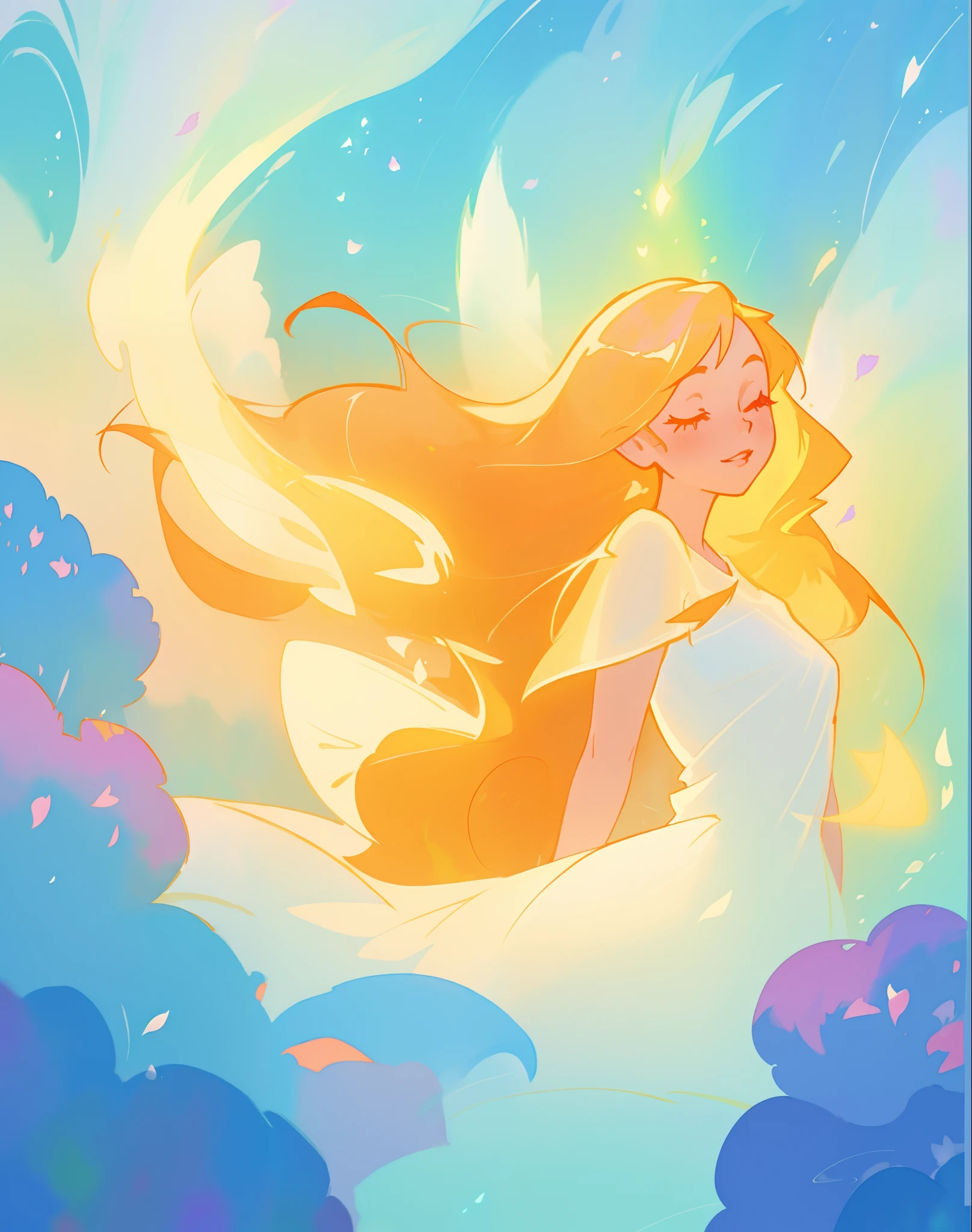 beautiful girl in white dress, fairy dress, long golden hair, watercolor illustration, inspired by Glen Keane, inspired by Lois van Baarle, disney art style, by Lois van Baarle, glowing aura around her, by Glen Keane, jen bartel, glowing lights! digital painting, flowing glowing hair, glowing flowing hair, beautiful digital illustration, fantasia otherworldly landscape plants flowers, beautiful, masterpiece, best quality, anime disney style