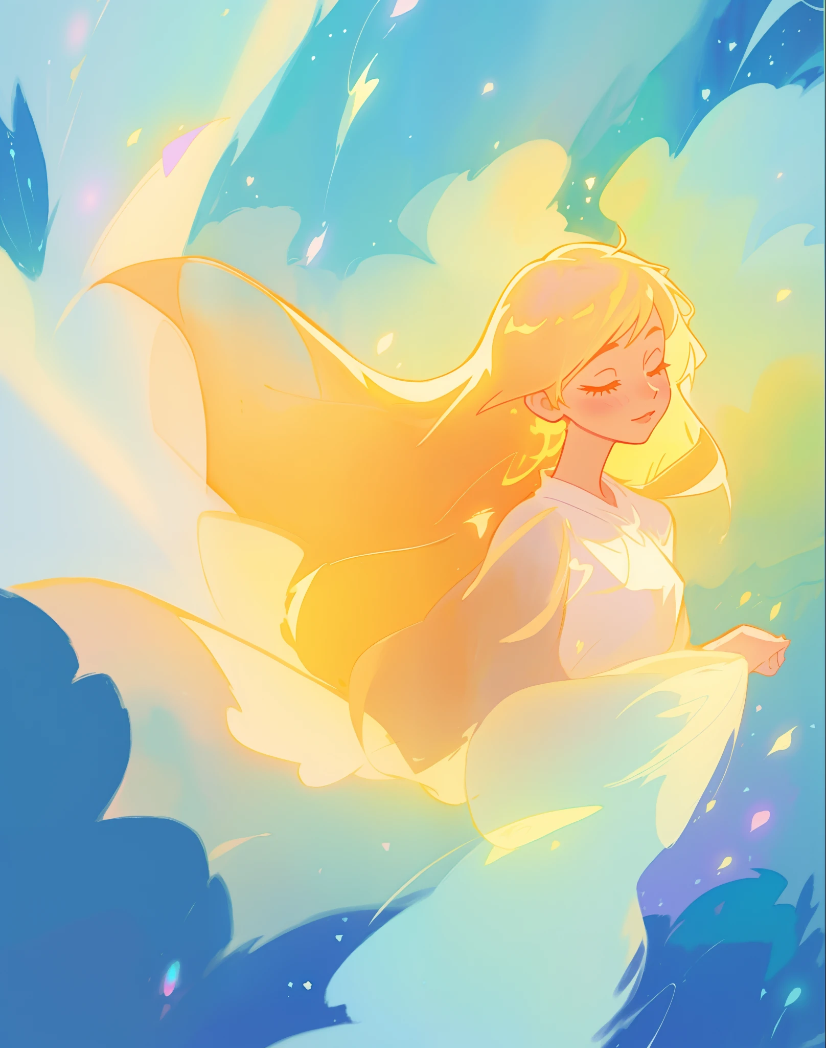 beautiful girl in flowing multi-layered dress, fairy dress, long golden hair, watercolor illustration, inspired by Glen Keane, inspired by Lois van Baarle, disney art style, by Lois van Baarle, glowing aura around her, by Glen Keane, jen bartel, glowing lights! digital painting, flowing glowing hair, glowing flowing hair, beautiful digital illustration, fantasia otherworldly landscape plants flowers, beautiful, masterpiece, best quality, anime disney style