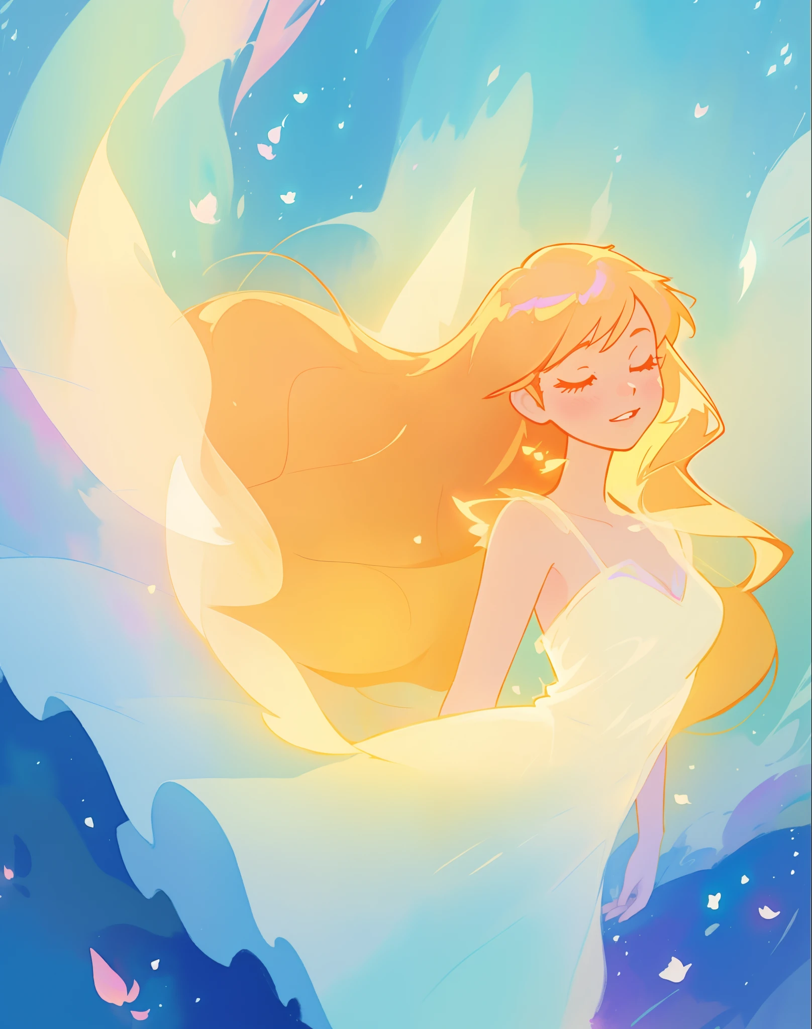 beautiful girl in flowing multi-layered dress, fairy dress, long golden hair, watercolor illustration, inspired by Glen Keane, inspired by Lois van Baarle, disney art style, by Lois van Baarle, glowing aura around her, by Glen Keane, jen bartel, glowing lights! digital painting, flowing glowing hair, glowing flowing hair, beautiful digital illustration, fantasia otherworldly landscape plants flowers, beautiful, masterpiece, best quality, anime disney style