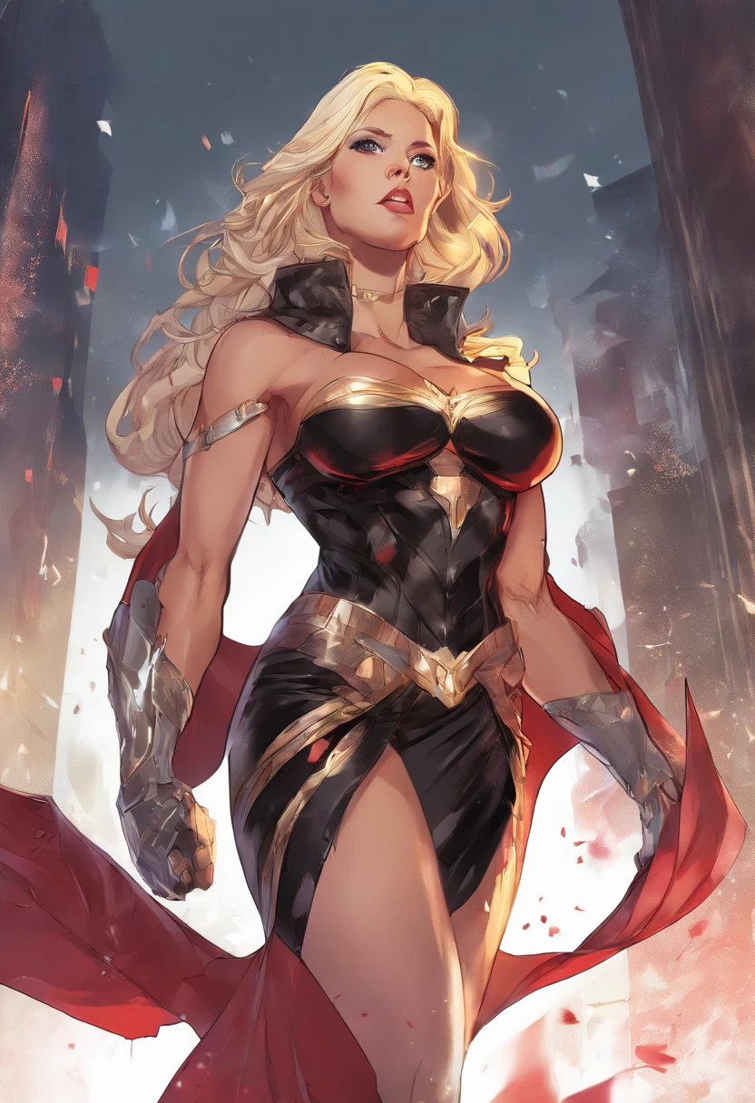 (masterpiece:1.4), (best quality:1.4),extremely detailed, intricate, hyper detailed, 1girl, Blonde hair, dress, down on one knee, (perfect_face), 4k, detailed_background, full_body, a close up of a woman in a ripped and torn costume, black corset skirt combo, gold inlay, red cape, hyper detailed, zenescope, bodybuilder superhero bikini, muscular super hero women, artgerm comic, extremely detailed artgerm,
