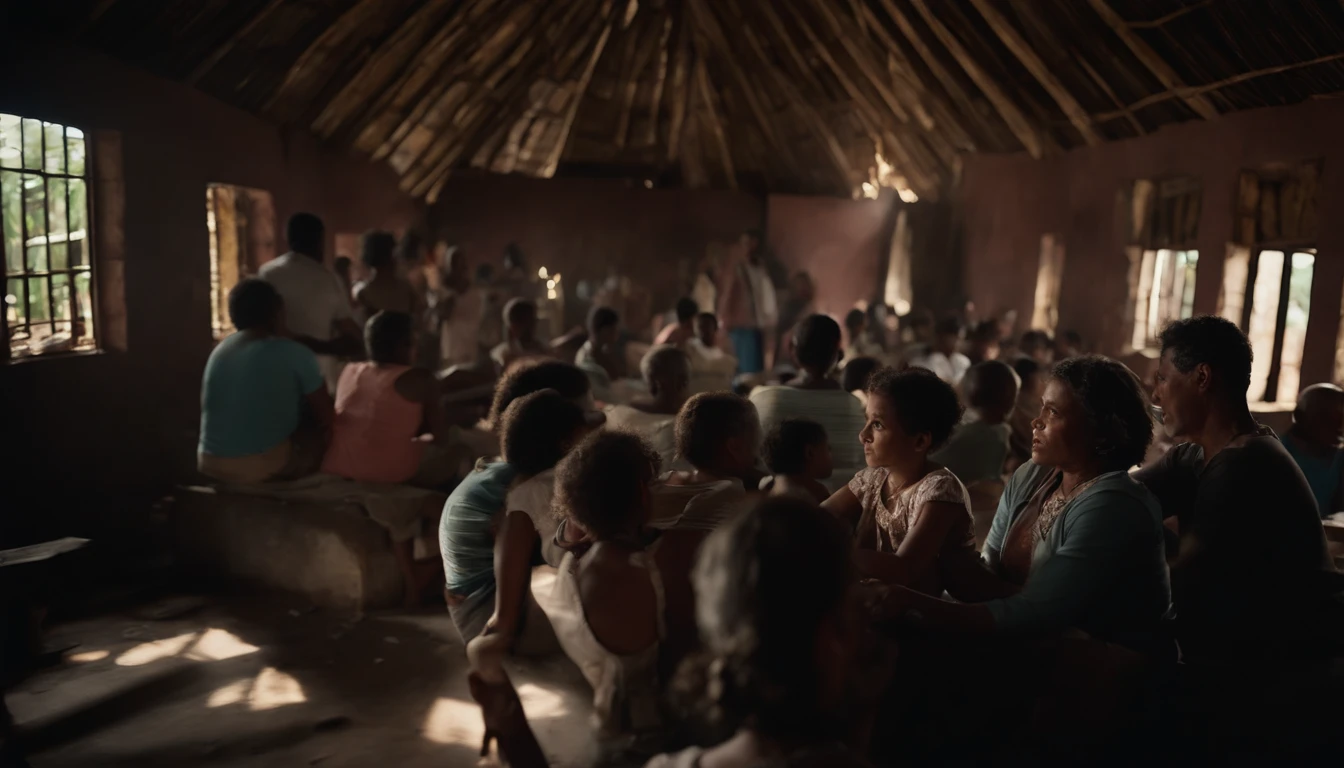 wide shot of of a group of people inside a humble church made out of scraps materials in the slums of Venezuela in the 80's