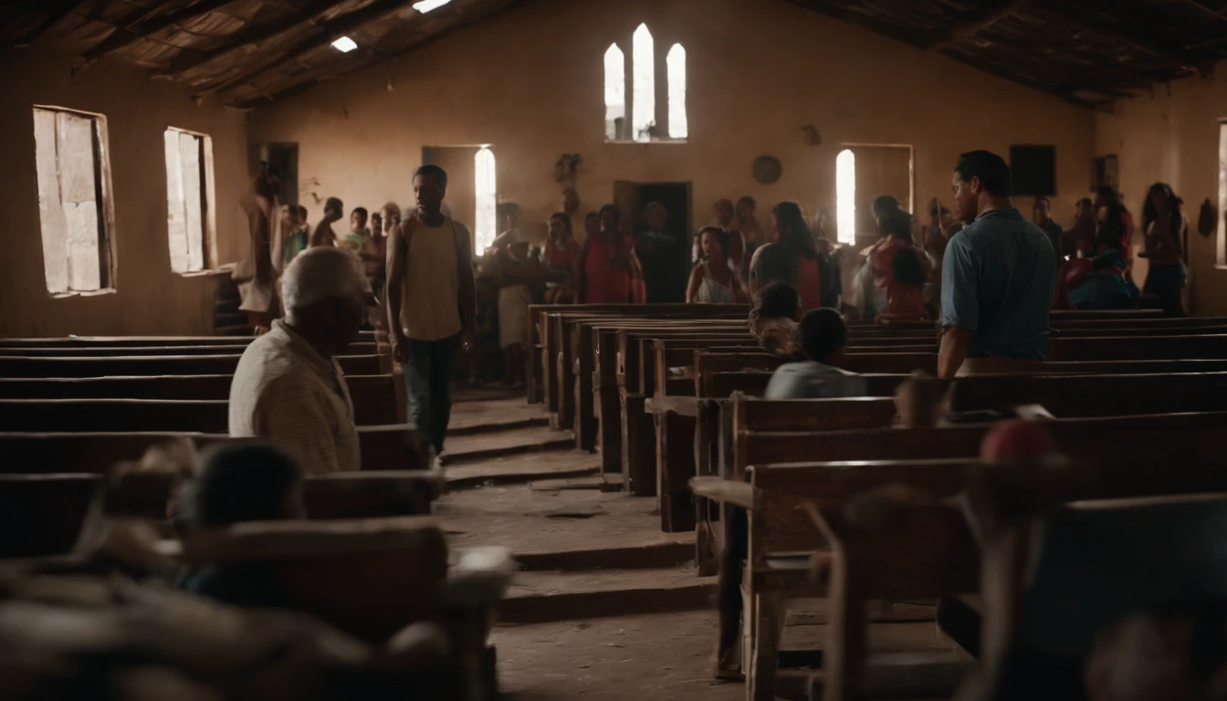 wide shot of of a group of people inside a humble church made out of scraps materials in the slums of Venezuela in the 80's