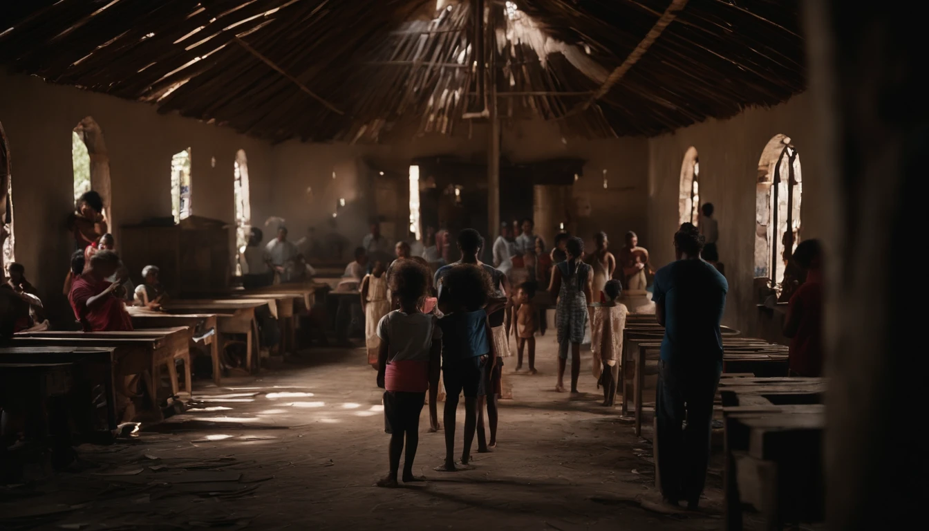 wide shot of of a group of people inside a humble church made out of scraps materials in the slums of Venezuela in the 80's