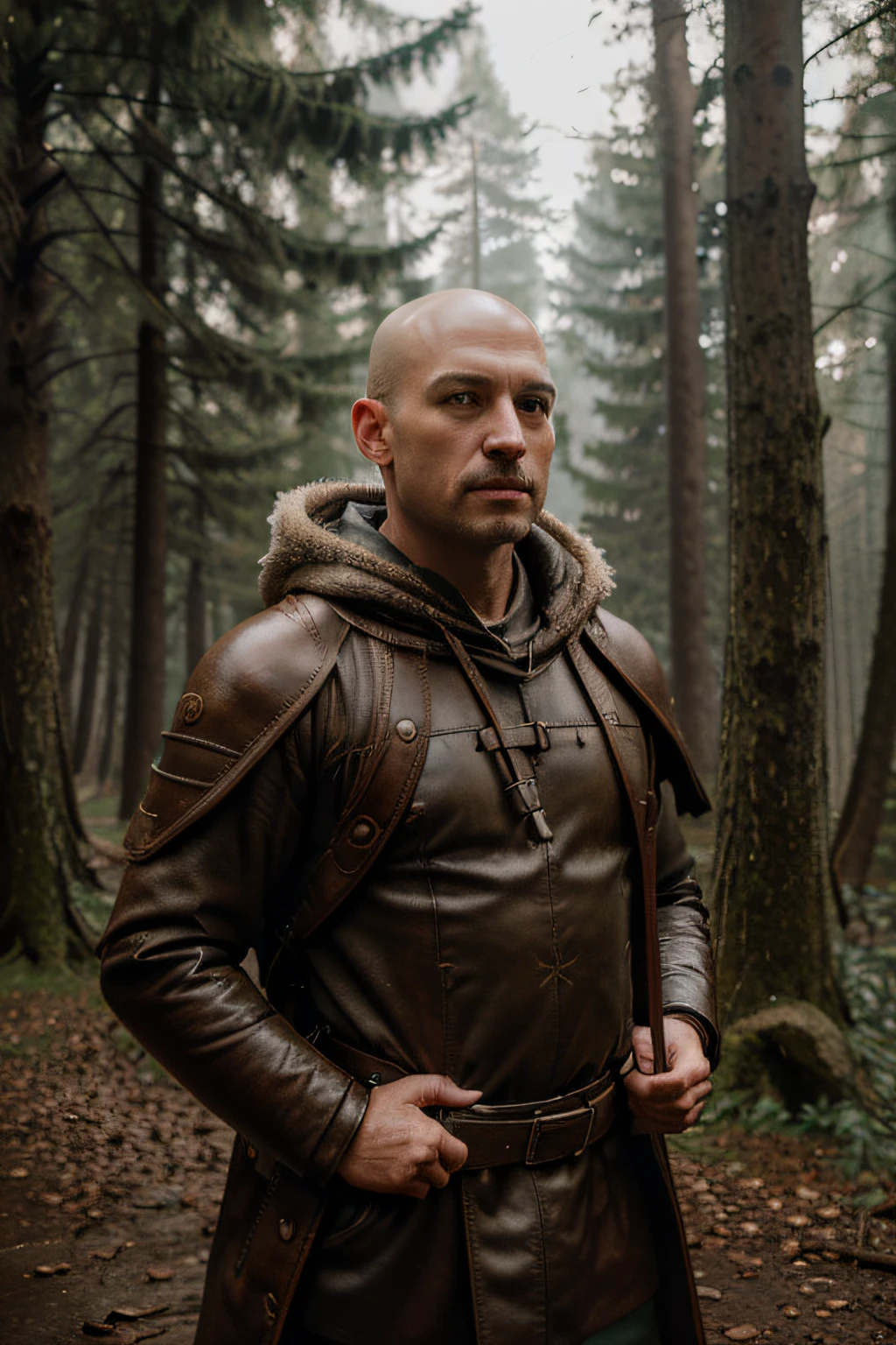 (Award Winning Photo:1.3) of (Masterpiece:1.3), a bald man, ranger in rainy wood, fur hooded, leather armor with backpack (high detailed skin:1.2), 8k, uhd, dslr, soft lighting, high quality, film grain, Fujifilm XT3, epic, intricate details, hyperdetailed, Highly Detailed
Info