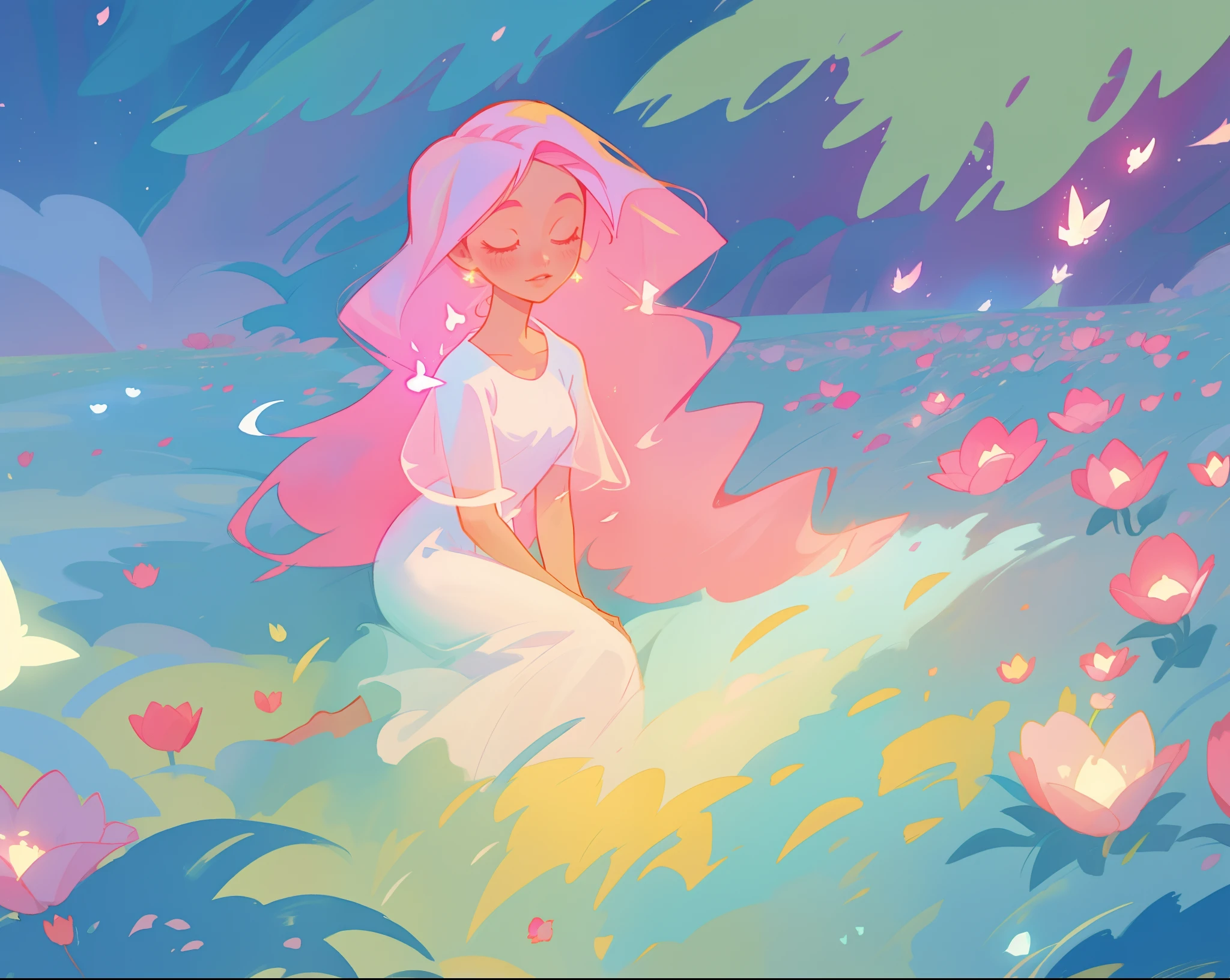 beautiful girl in white dress, fairy dress, beautiful girl sitting in a field with pink red flowers, glowing lights, whimsical landscape, long pink flowing hair, watercolor illustration, inspired by Glen Keane, inspired by Lois van Baarle, disney art style, by Lois van Baarle, glowing aura around her, by Glen Keane, jen bartel, glowing lights! digital painting, flowing glowing hair, glowing flowing hair, beautiful digital illustration, fantasia otherworldly landscape plants flowers, beautiful, masterpiece, best quality, anime disney style
