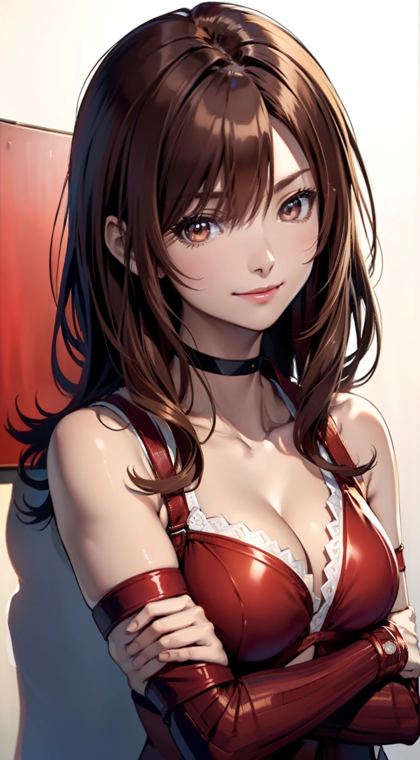 (a closeup、top-quality、high detailing、rich skin detail、nffsw)、(Best Quality, 8K, Oil Painting, masutepiece:1.2), Ultra-detailed, (Realistic, Photorealistic:1.37), (((FULL BODYSHOT)))、Vibrant colors, (((Point your index finger to the sky)))、(((Red Bondage)))、(((I wear a choker around my neck)))、(((Sexy atmosphere)))、(((Twenty-year-old woman)))、(((breasts are small)))、((red-lips))、(((Red clothes)))、((Bust isＤcups))、(((Light brown hair)))、(((Long)))、((( Background white wall))), (((Enchanted smile)))、(((cleavage of the breast)))、(((Girly Hairstyles)))、(((long hair)))、(((In front of a white wall)))、(((Light brown hair)))、(((Arms crossed in front of the chest)))、(((His arms folded)))、(((It is a sleeveless outfit)))、(((I wear bright red bondage)))、(((Chest circumference is 85 cm)))、(((small breasts)))