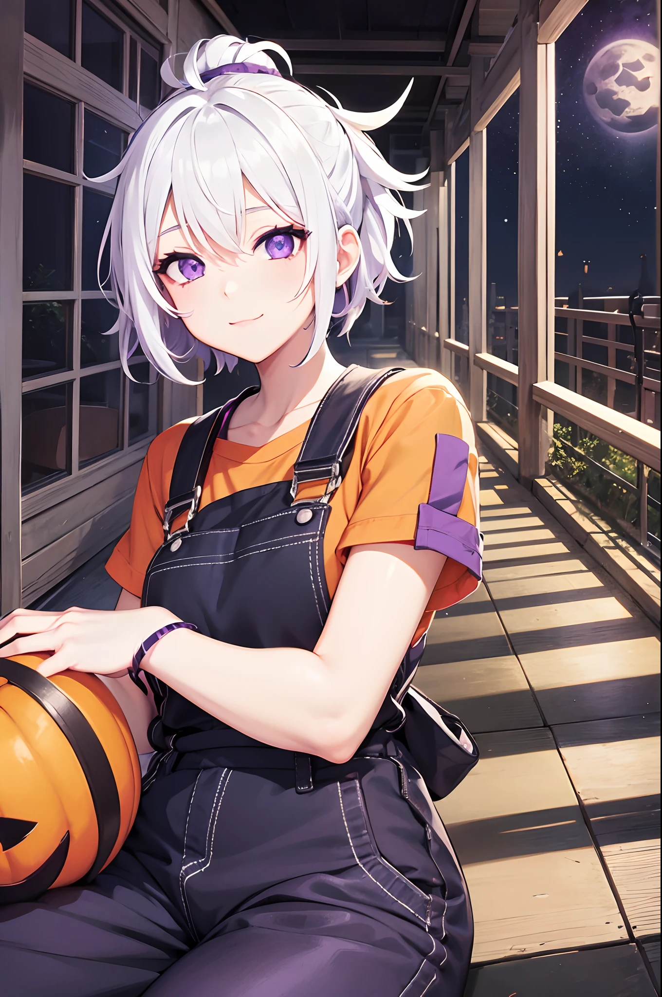 Anime Girl, White Haired, Purple Iris, Purple Eyes, wearing an Orange Shirt, Black Overalls with Long Pants Halloween-themed, Happy Expression, Nightly Farm Background, Chilling, Relaxing, Happy, --auto --s2