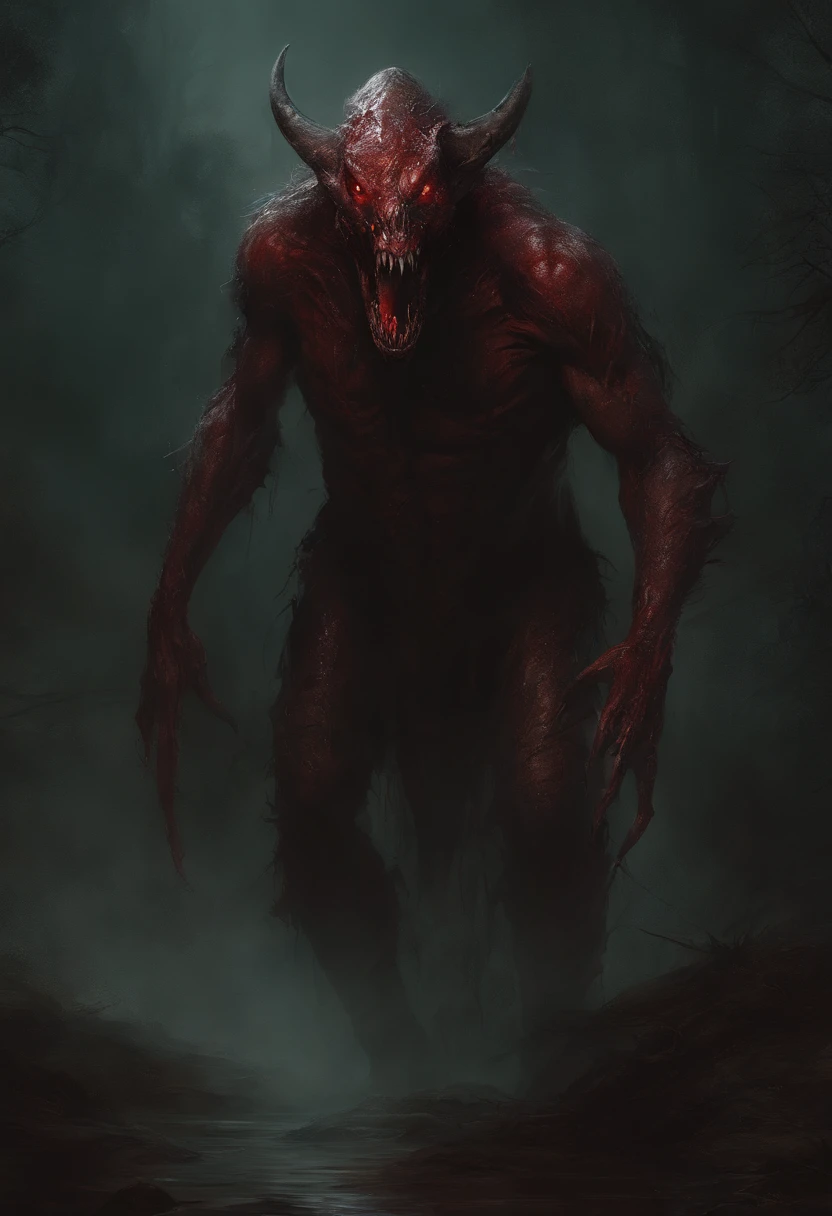 A painting of a demonic creature with a bloodied face and a bloodied head, carnage, Sci - Horror Art of Fiction, Science fiction horror artwork, inspired by Aleksi Briclot, Crocs de carnage, Horror fantasy art, par Aleksi Briclot, Horror concept art, venin, Art fantastique et horreur, Detailed illustration of 4K horror, Demonic creature, Dark Fantasy Horror Art, in woods, fangs