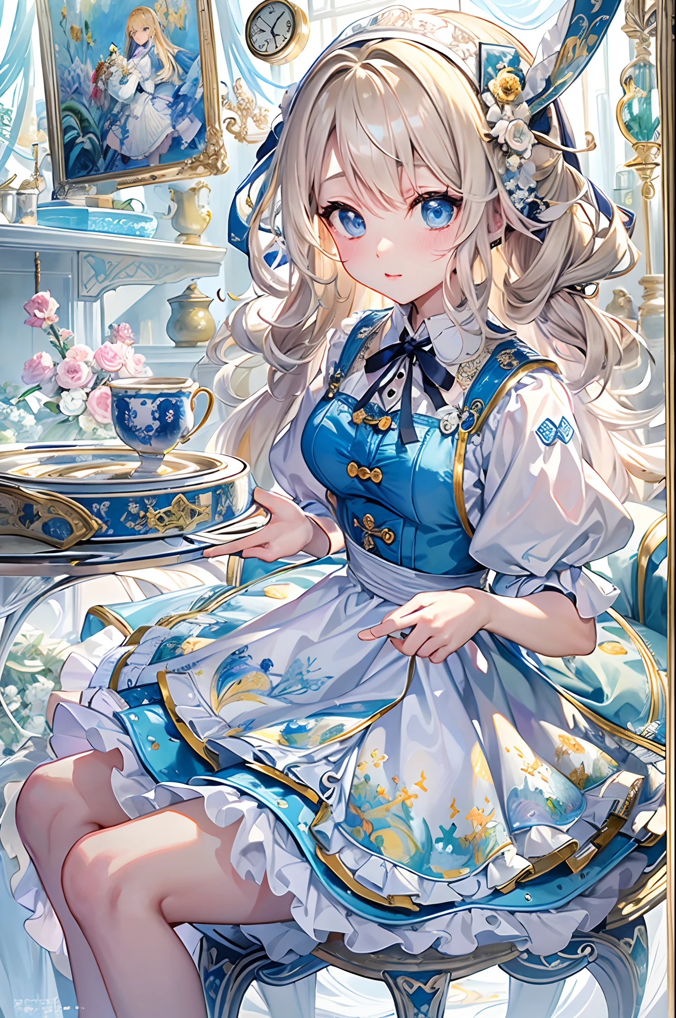 (masuter piece、top-quality、Mystical、Beautifully Aesthetic、offcial art、Impresionismo、von gogh:1.2)、(1 girl in:1.3)、(Fractal Art:1.4)、shinny skin、patterns、(alice in the wonderland:1.2)、(bunny rabbit、Siamese cat、PlayingCards、tea cup、pocket watch:0.8)、Tie your hair with a ribbon、Blue Dress、a miniskirt、beauty legs、White Apron、white sock、platinum-blonde、Blue eyes、Exotic wallpapers、highly colorful、Abstract background、Fantastical