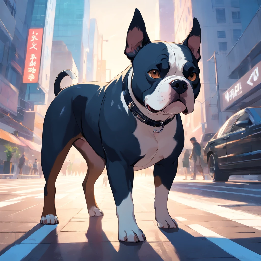 "masterpiece, black-coated American Bully with white color accents, channeling the Matrix style, sporting sunglasses, captured from a dynamic angle, delivering the best quality in stunning 4K resolution."
