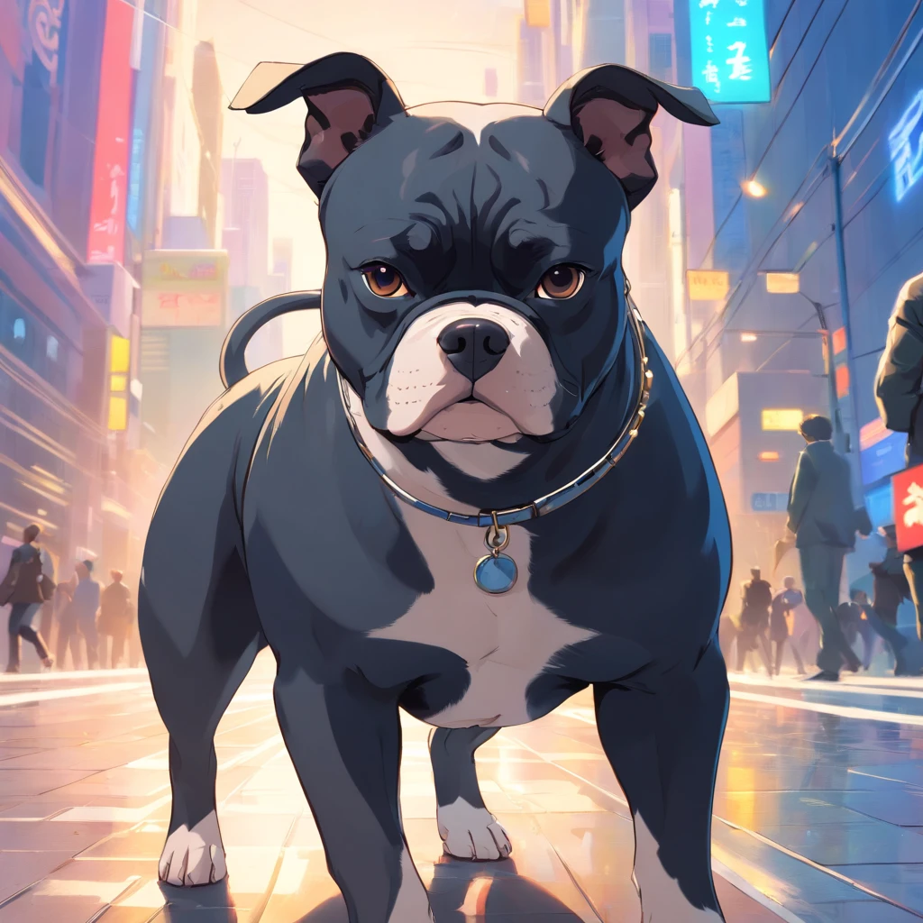 "masterpiece, black-coated American Bully with white color accents, channeling the Matrix style, sporting sunglasses, captured from a dynamic angle, delivering the best quality in stunning 4K resolution."
