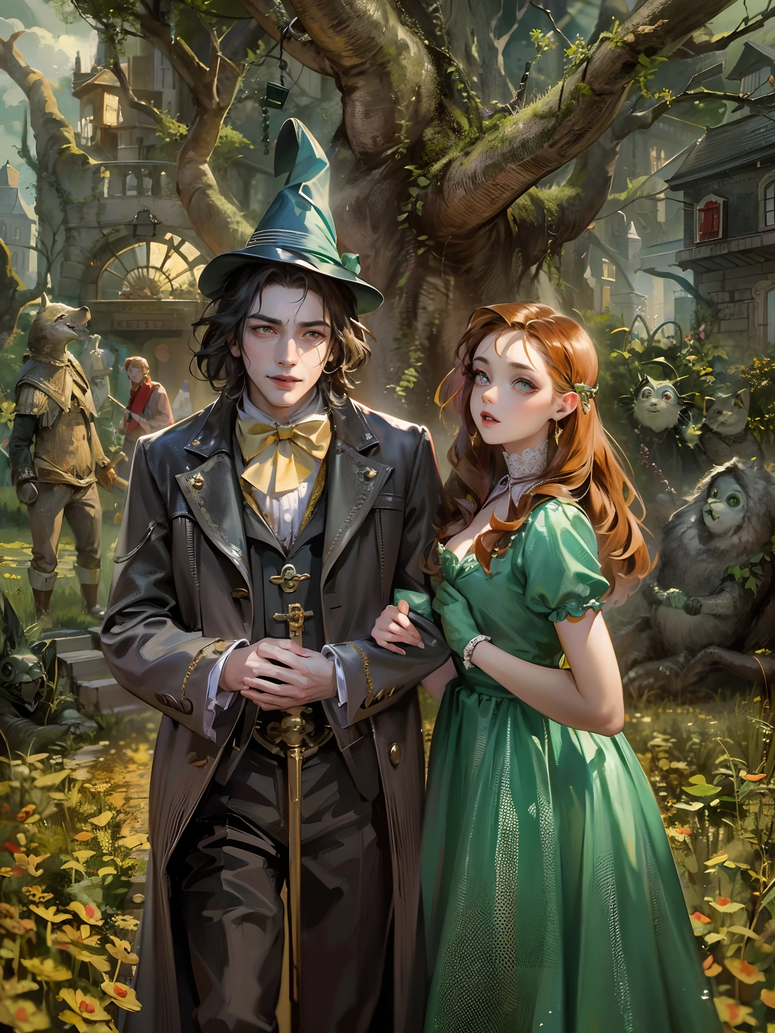 Absurdres masterpiece HDR high quality picture of a random scene from wizard of Oz portrait with a Tim Burton theme style in a beautiful masterpiece background , detailed character, handsome face