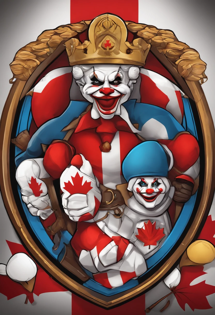 an image with a shield for an online game clan with a silga BA in the middle, a letra a no formato de armas, In the colors of the flag of Canada and a cute murderous clown