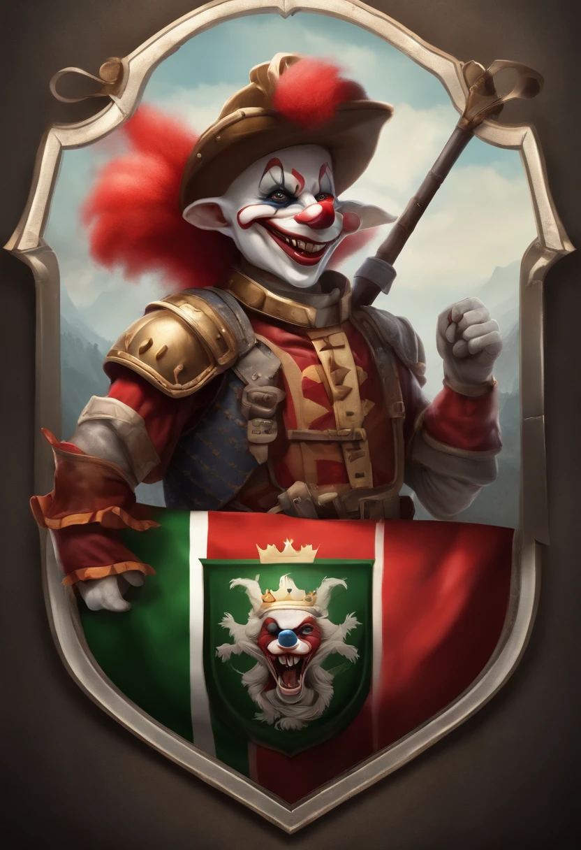 an image with a shield for an online game clan with a silga BA in the middle, a letra a no formato de armas, In the colors of the flag of Canada and a cute murderous clown