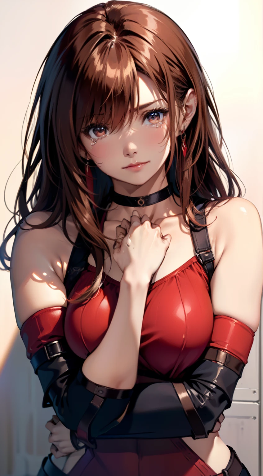 (a closeup、top-quality、high detailing、rich skin detail、nffsw)、(Best Quality, 8K, Oil Painting, masutepiece:1.2), Ultra-detailed, (Realistic, Photorealistic:1.37), (((FULL BODYSHOT)))、Vibrant colors, (((Arms crossed)))、(((Red Bondage)))、(((I wear a choker around my neck)))、(((Sexy atmosphere)))、(((a 20 yo woman)))、((red-lips))、(((Red clothes)))、((Bust isDcups))、(((light brown hair)))、(((sad look)))、((( White background))), (((face that seems to cry)))、(((cleavage of the breast)))、(((Girly Hairstyles)))、(((Long hair)))、(((In front of a white wall)))、(((light brown hair)))、(((sad Facial expression)))、(((I'm apologizing)))、(((It is a sleeveless outfit)))、(((I'm wearing bright red bondage)))、(((The girth of the chest is 85 cm)))、(((Small breasts)))、(((Hands together)))