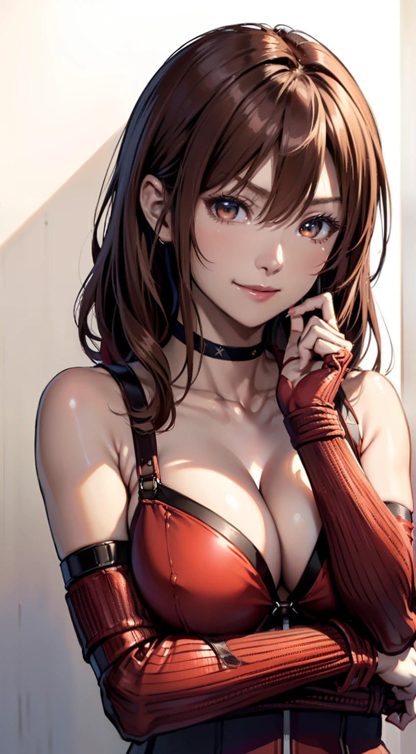 (a closeup、top-quality、high detailing、rich skin detail、nffsw)、(Best Quality, 8K, Oil Painting, masutepiece:1.2), Ultra-detailed, (Realistic, Photorealistic:1.37), (((FULL BODYSHOT)))、Vibrant colors, (((Point your index finger to the sky)))、(((Red Bondage)))、(((I wear a choker around my neck)))、(((Sexy atmosphere)))、(((Twenty-year-old woman)))、(((breasts are small)))、((red-lips))、(((Red clothes)))、((Bust isDcups))、(((Light brown hair)))、(((Long)))、((( Background white wall))), (((Enchanted smile)))、(((cleavage of the breast)))、(((Girly Hairstyles)))、(((long hair)))、(((In front of a white wall)))、(((Light brown hair)))、(((Arms crossed in front of the chest)))、(((His arms folded)))、(((It is a sleeveless outfit)))、(((I wear bright red bondage)))、(((Chest circumference is 85 cm)))、(((Tempting Gaze)))、(((Kamimei)))