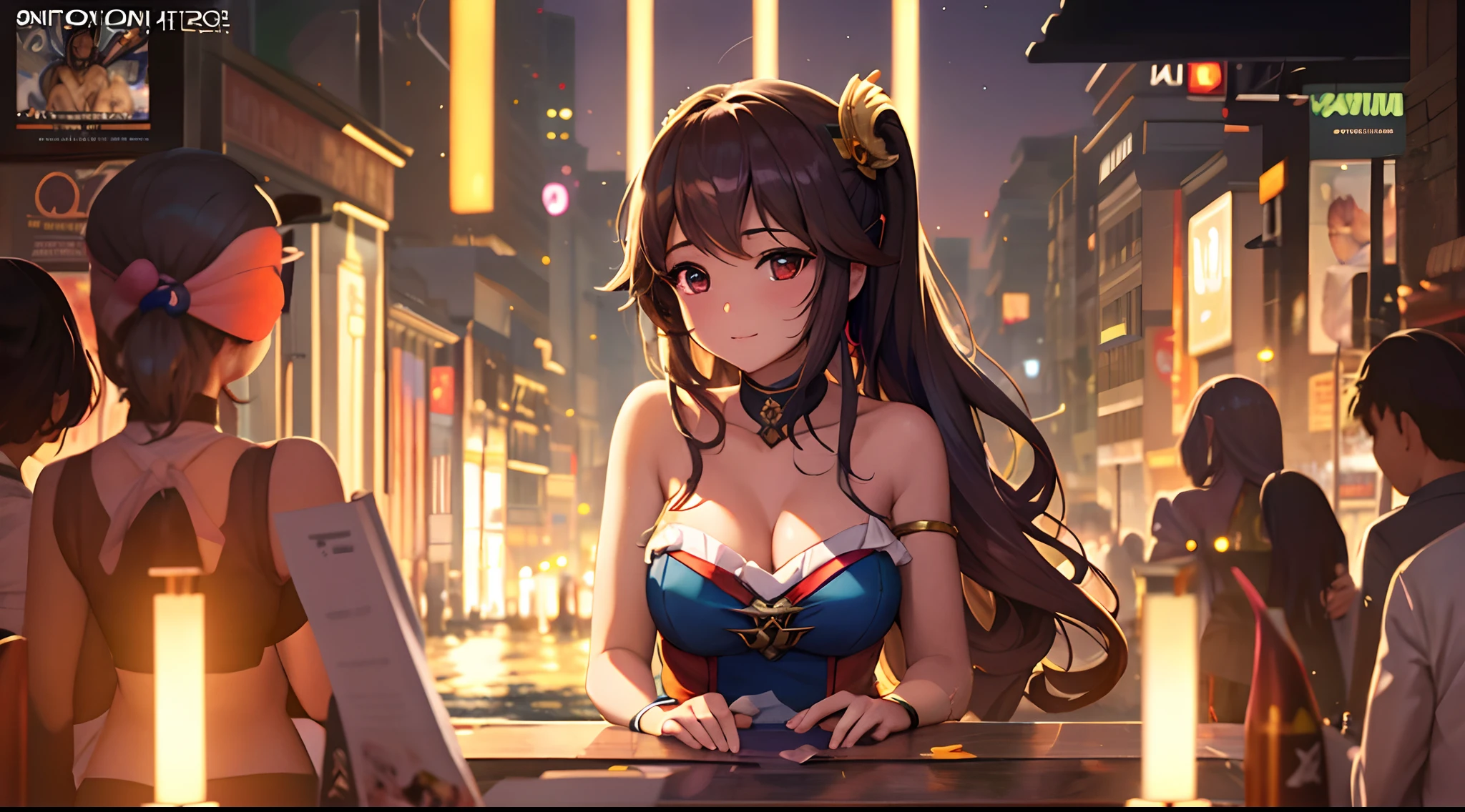 master part, best quality, Ultra high resolution (Realismo: 1.4), foto original, Lente 35mm, abertura F1.4, movie poster, luz e sombra, cenario de festa no fundo, Scantily clad young lady, garota de anime, garota propaganda para o Youtube cabelos azuis longos, pele real, (Detalhe da pele: 1.3).,