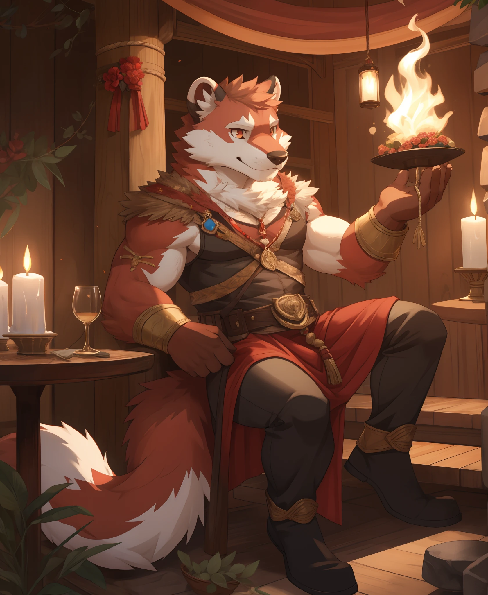 a atropomorphic furry fursona withe and red fur ferret, using wild magic