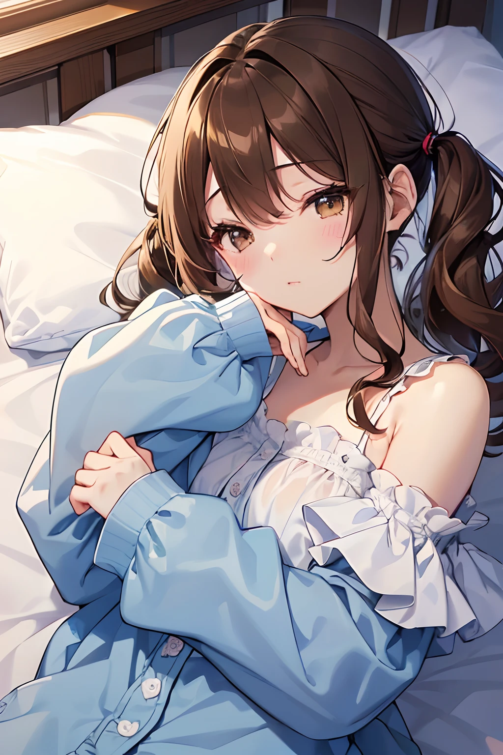 (Highest quality illustrations:1.2), (Kawaii Girl:1.1), (1girl in, 独奏:1.5), (1girl in、ars、childish、One pose、cute little、Neat and clean image、tiny chest:1.5、ultradetailed eyes:1.2)、(small tits,flat breast:1.1)、((Brown-eyed、Brown hair:1.5))、(shorth hair)、hair wavy、curlyhair、bangss、low twintails、short twintails、 pajamas、Sexy Pajamas、Cute ruffled pajamas、Light blue checked pajamas、off shoulders,The upper part of the body、Sleeping in bed、Eyes closed、Brown hair、shorth hair、hair wavy、low twintails、BREAK(top-quality、ultra-detailliert、highly detailed and beautiful、超A high resolution、Detailed arm:1.2)、a closeup、bustup,
