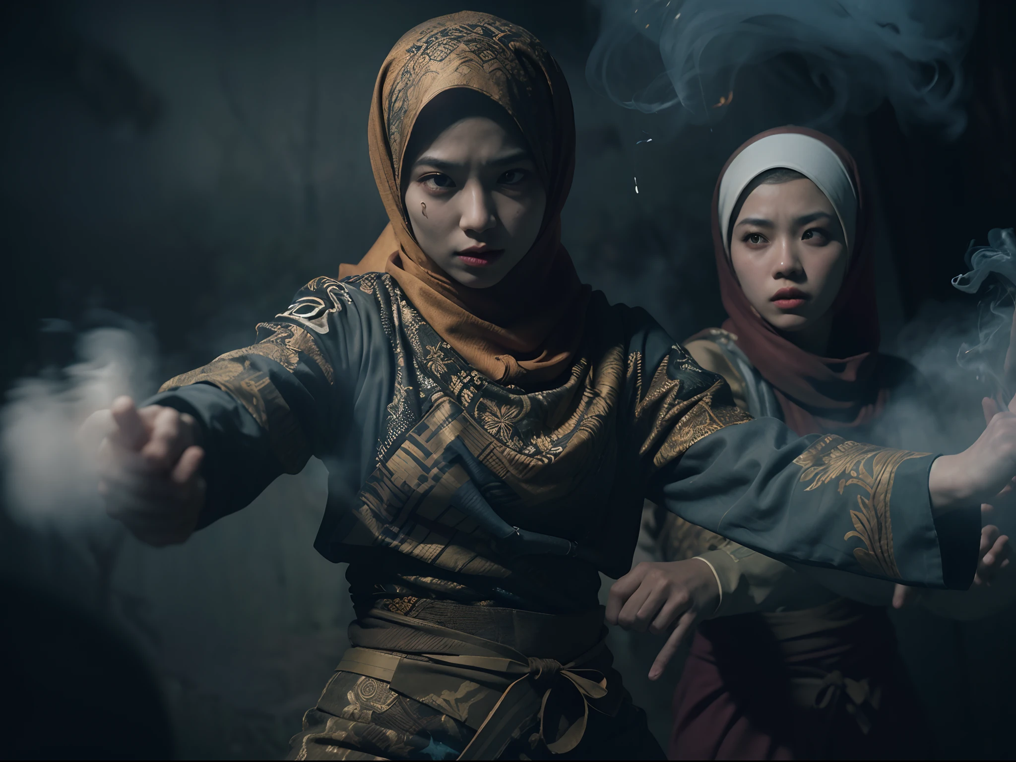 2 hijab malay woman heroin/warrior in fighting scene,batik & songket costume,action silat, dark night background, a lot of smoke effect in below, 28mm lense, Establishing shot, muted color grading, cinemascope cinematography effect, thriller movie scene, action mood,