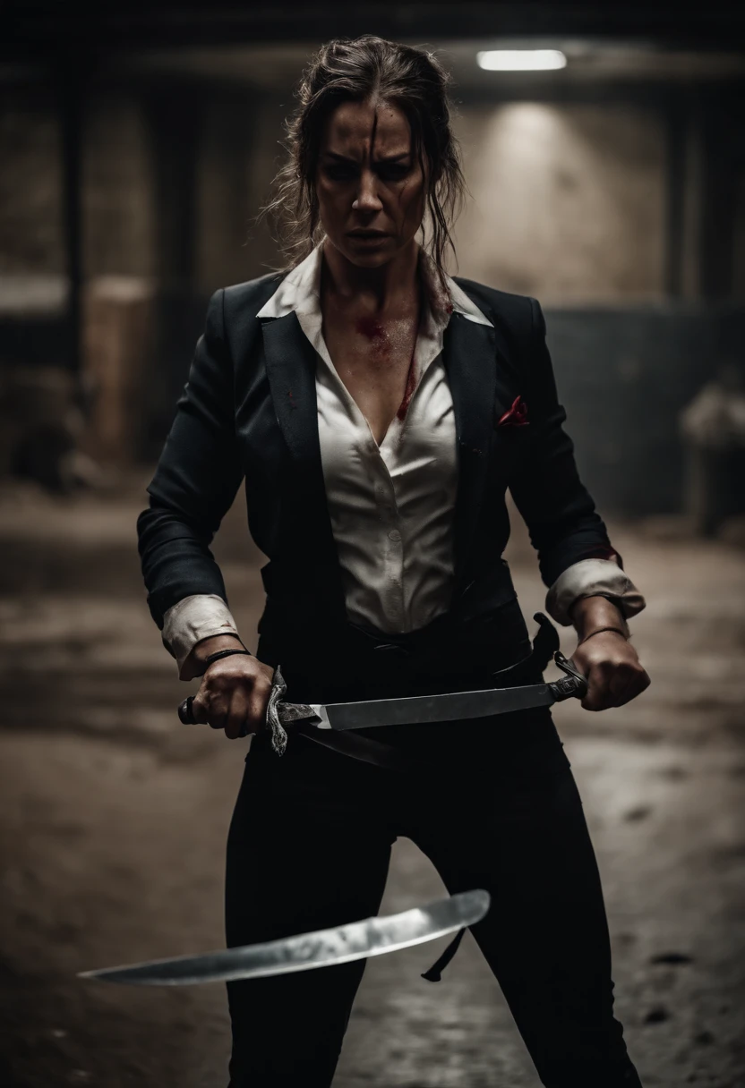 a muscular woman, with tied up hair, very angry, wearing a torn Jhon Wick style suit, stains blood with a knife in her hand