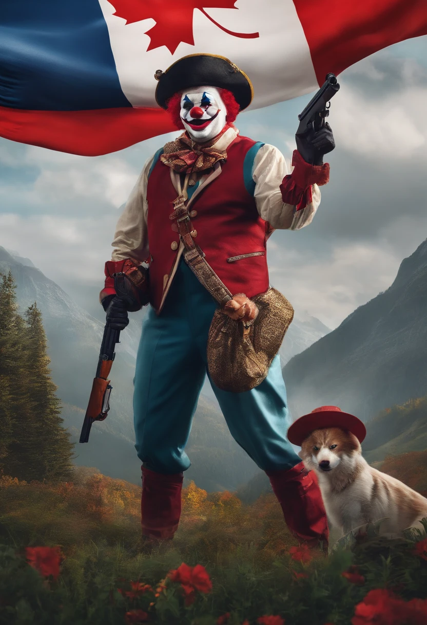 An image with guns from online games in the colors of the flag of Canada and a clown murdering Saxy Anime