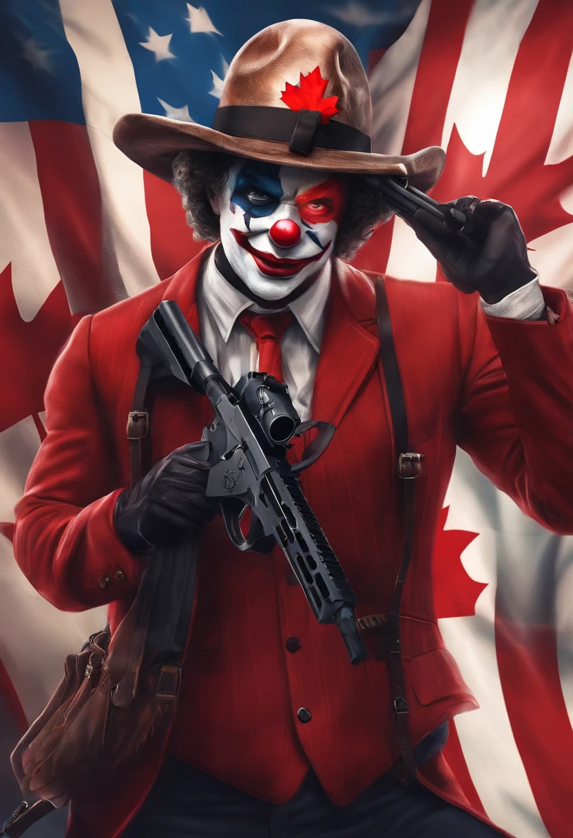 An image with guns from online games in the colors of the flag of Canada and a clown murdering Saxy Anime