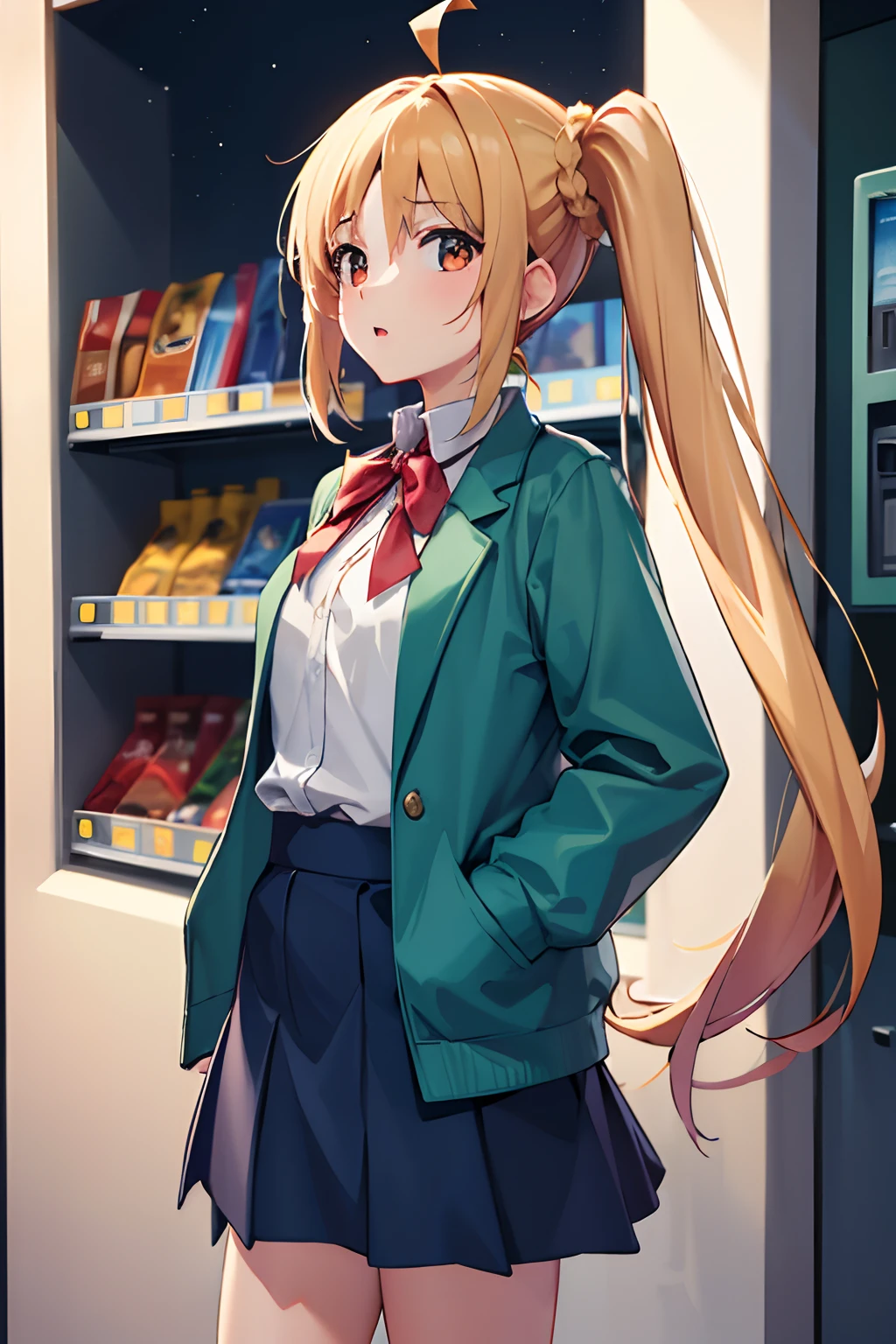 (masterpiece), best quality, highres, 4k, 1girl, solo, nice hands, in1, side ponytail, long hair, ahoge, white shirt, school uniform, blue skirt, long sleeves, red bow, white socks, green jacket ,night,vending machine, hand in pocket,